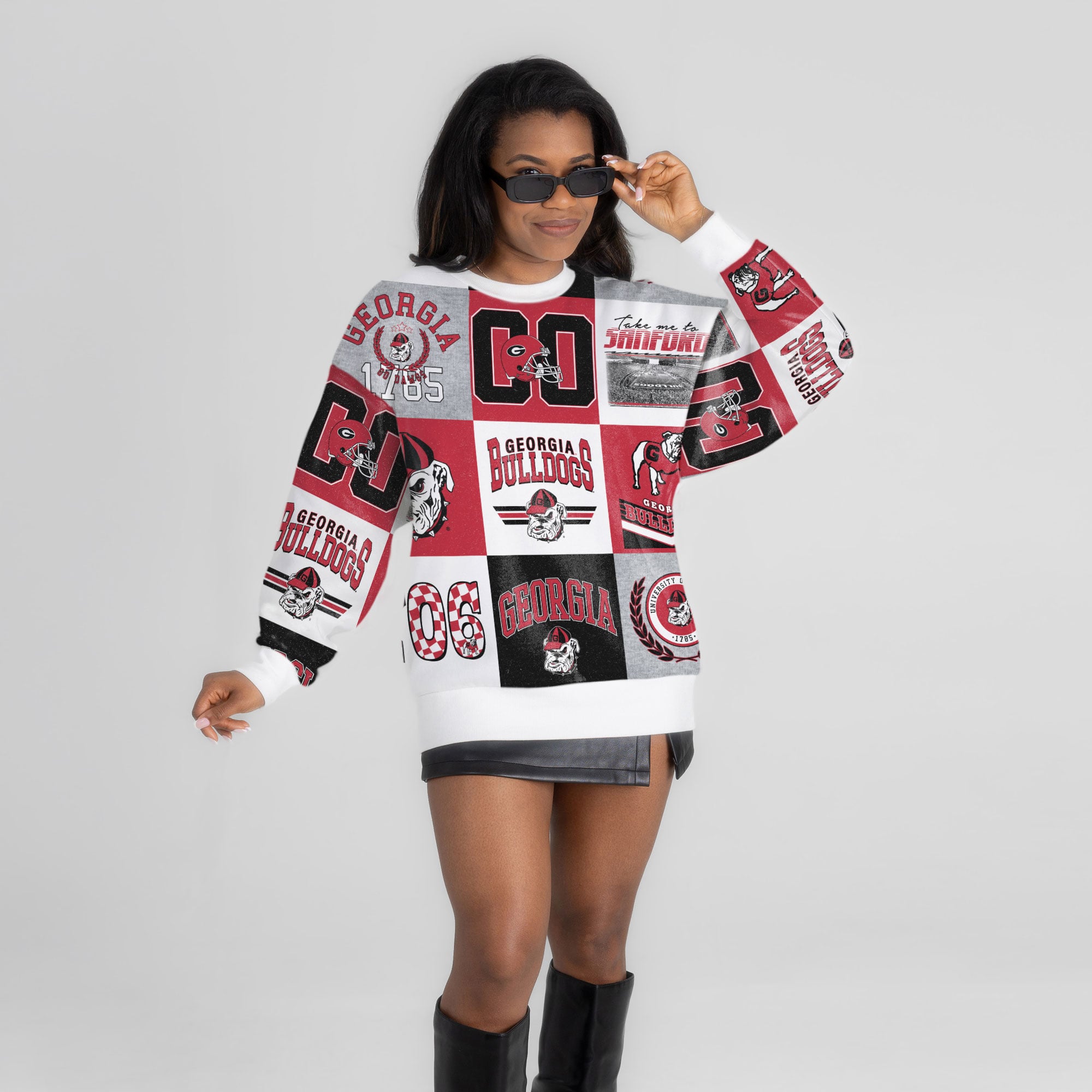 Pull à manches longues patchwork Georgia Bulldogs Highlight Reel rouge pour femme