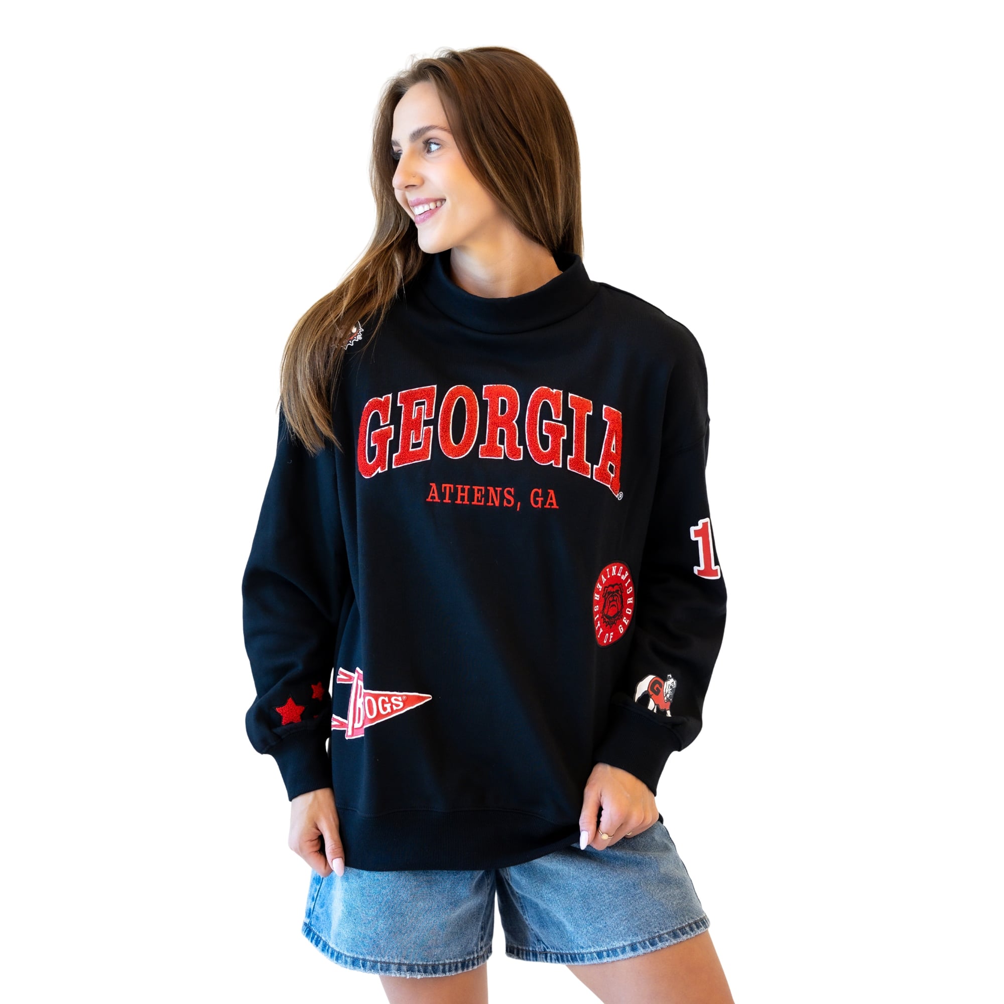 Sweat-shirt à col montant pour femme avec écusson noir Georgia Bulldogs, collection Gameday Social.
