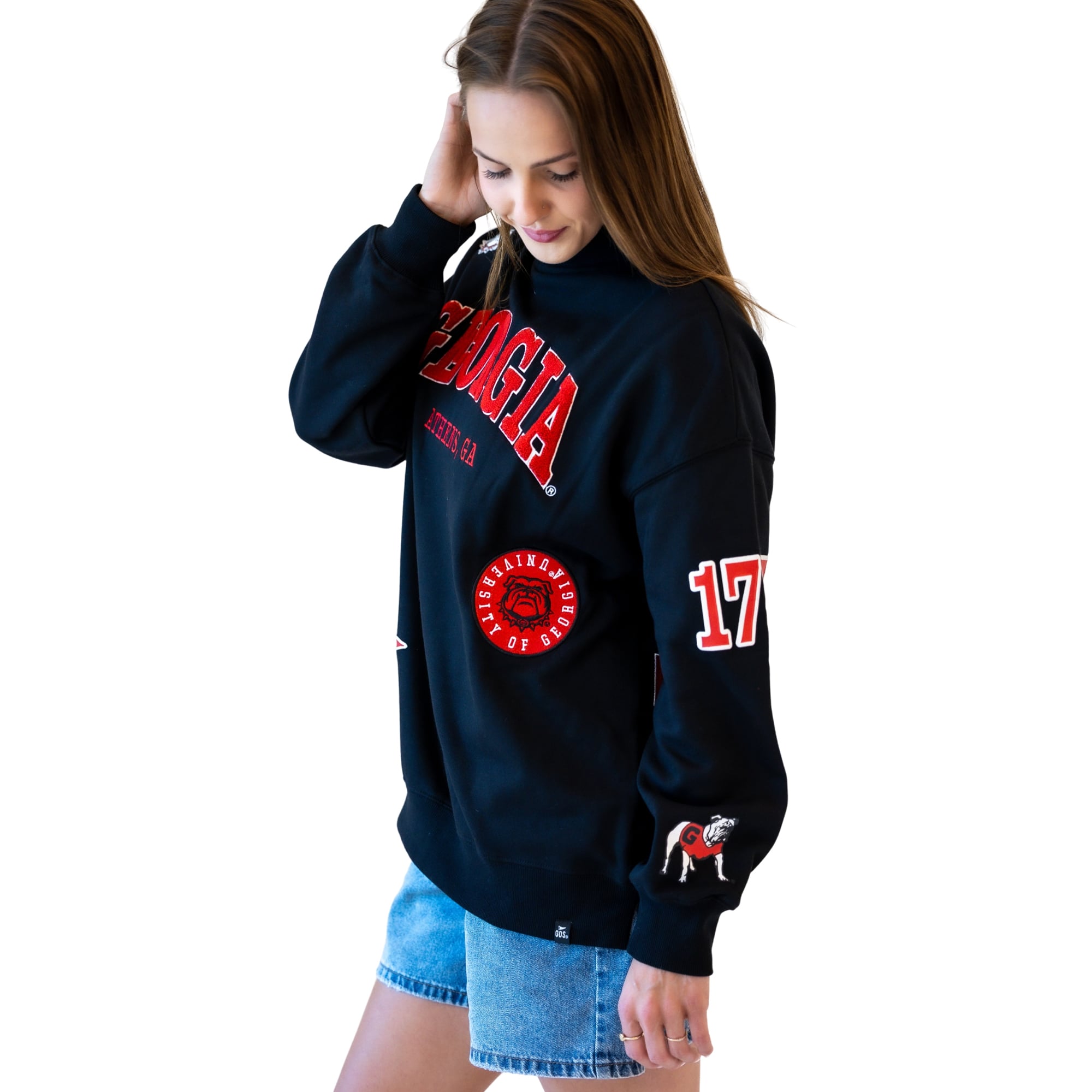 Sweat-shirt à col montant pour femme avec écusson noir Georgia Bulldogs, collection Gameday Social.