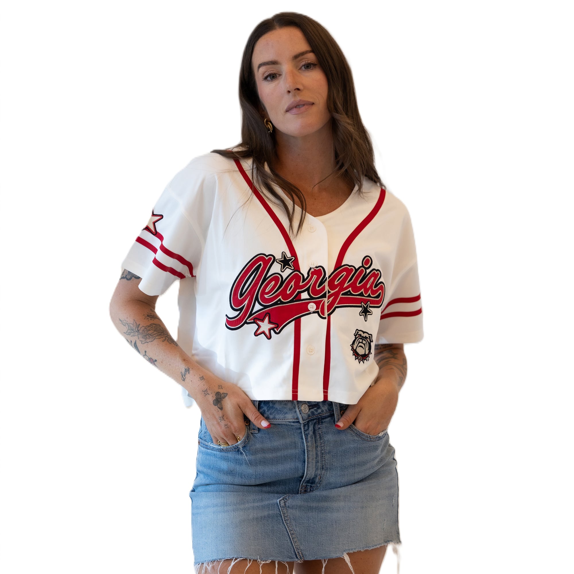 Maillot de baseball court à patch Off White Georgia Bulldogs pour femmes, idéal les journées match.