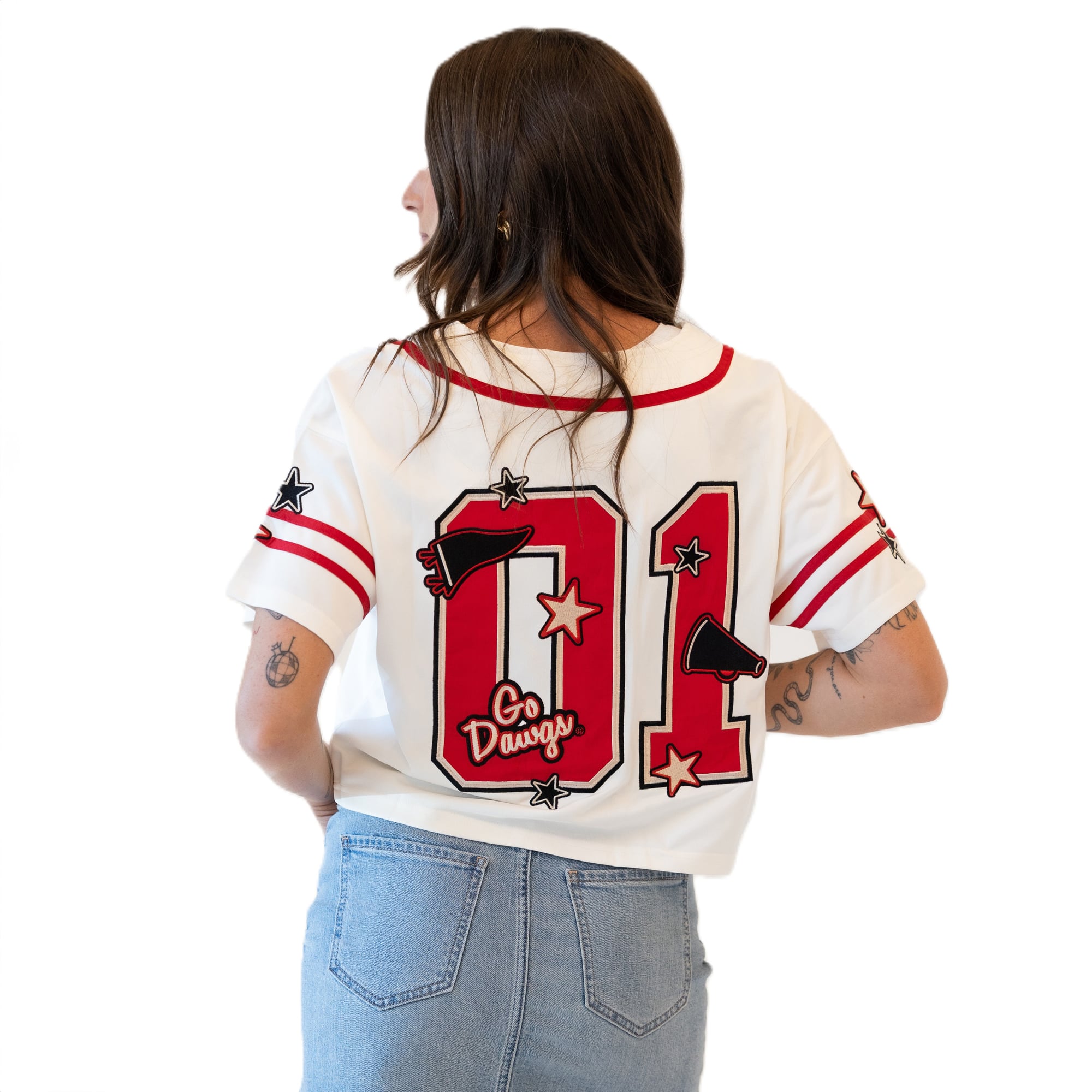 Maillot de baseball court à patch Off White Georgia Bulldogs pour femmes, idéal les journées match.