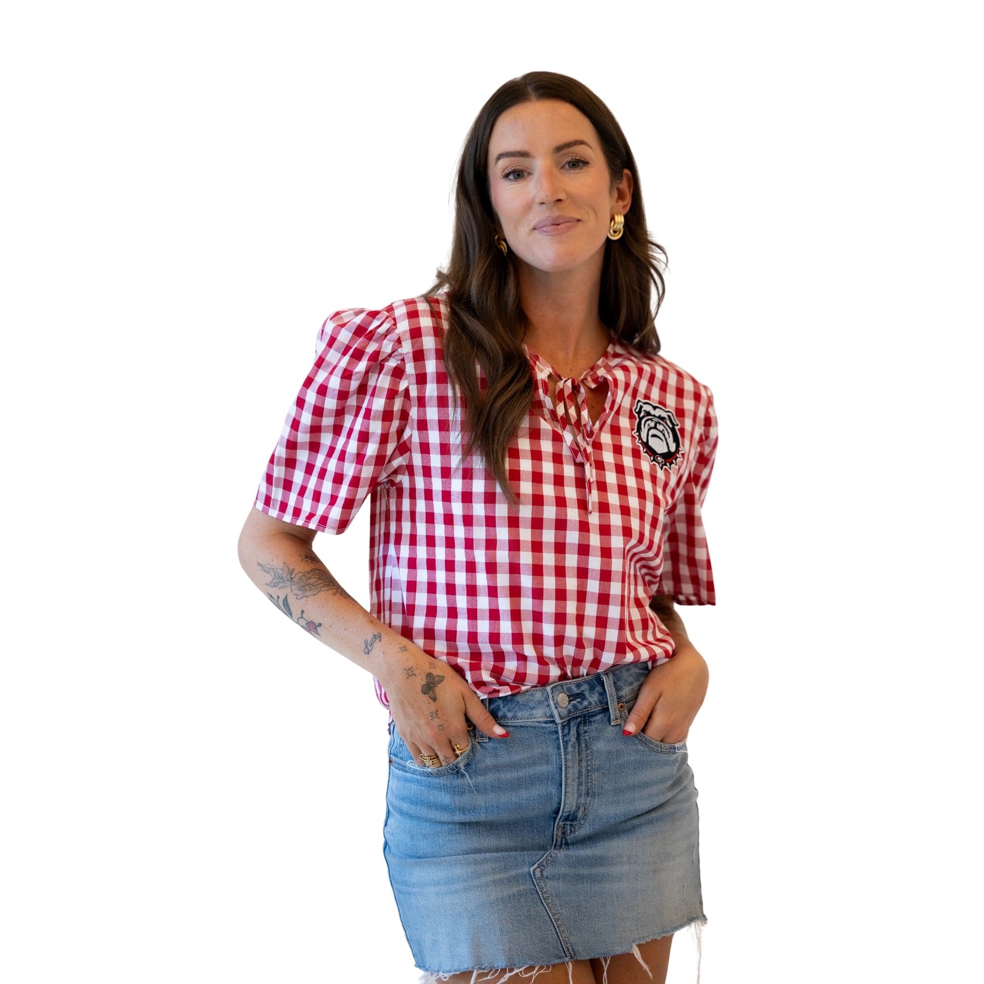 Blouse à carreaux vichy rouge Georgia Bulldogs pour femme, idéale les jours de match.