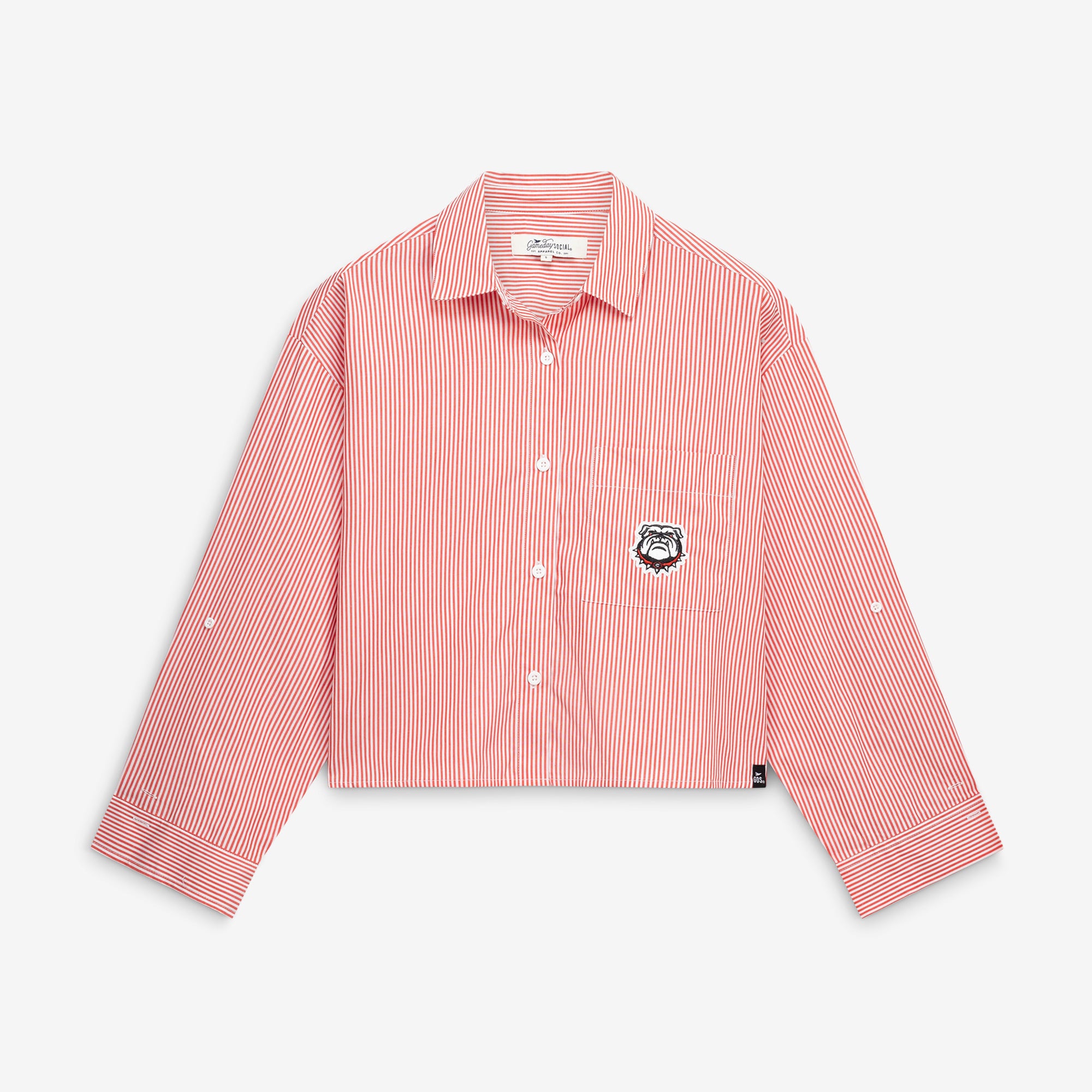 Chemise boutonnée rayée courte rouge Georgia Bulldogs pour femmes, idéale les jours de match.