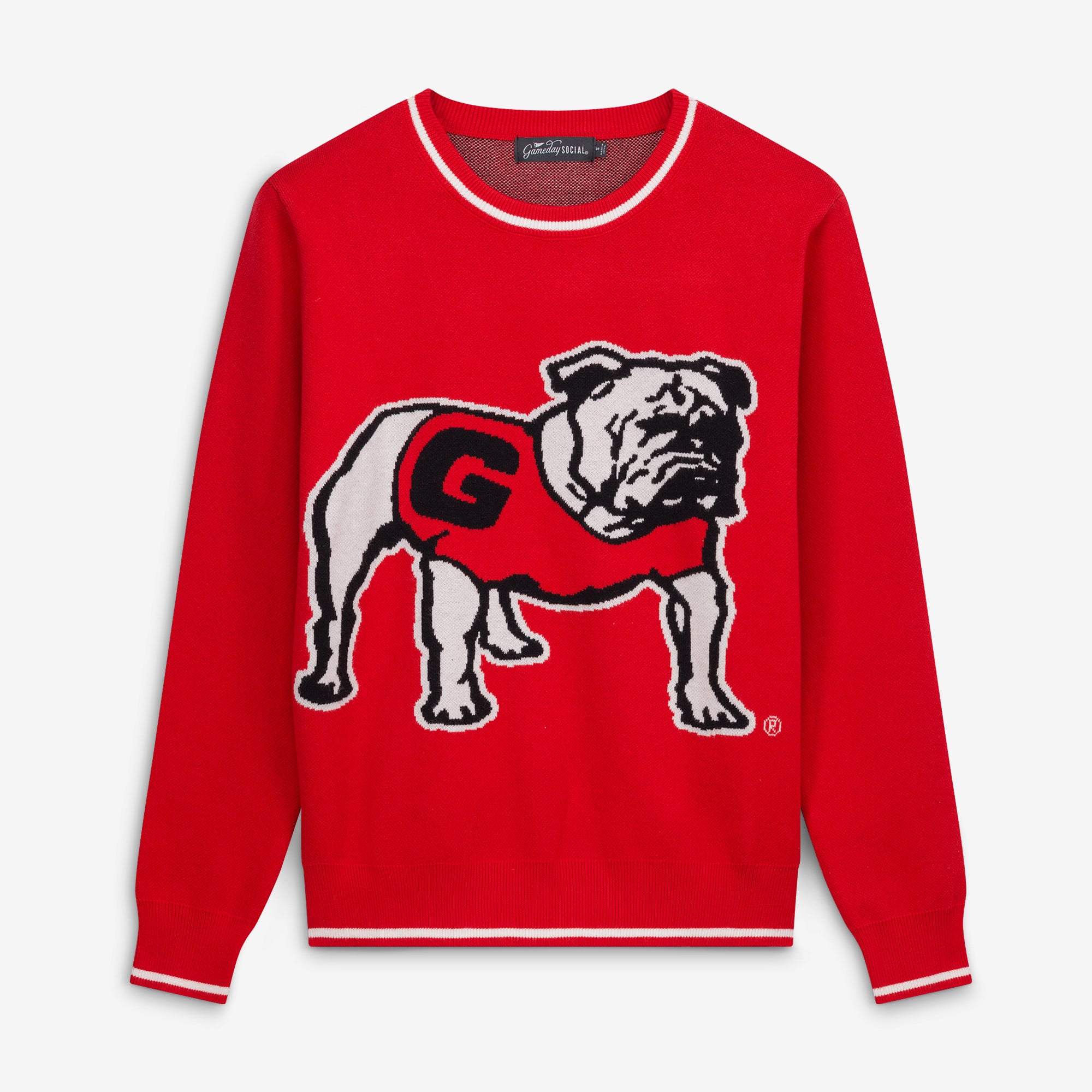 Pull-over rouge Georgia Bulldogs pour femmes, motif mascotte intarsia, idéal les jours de match.