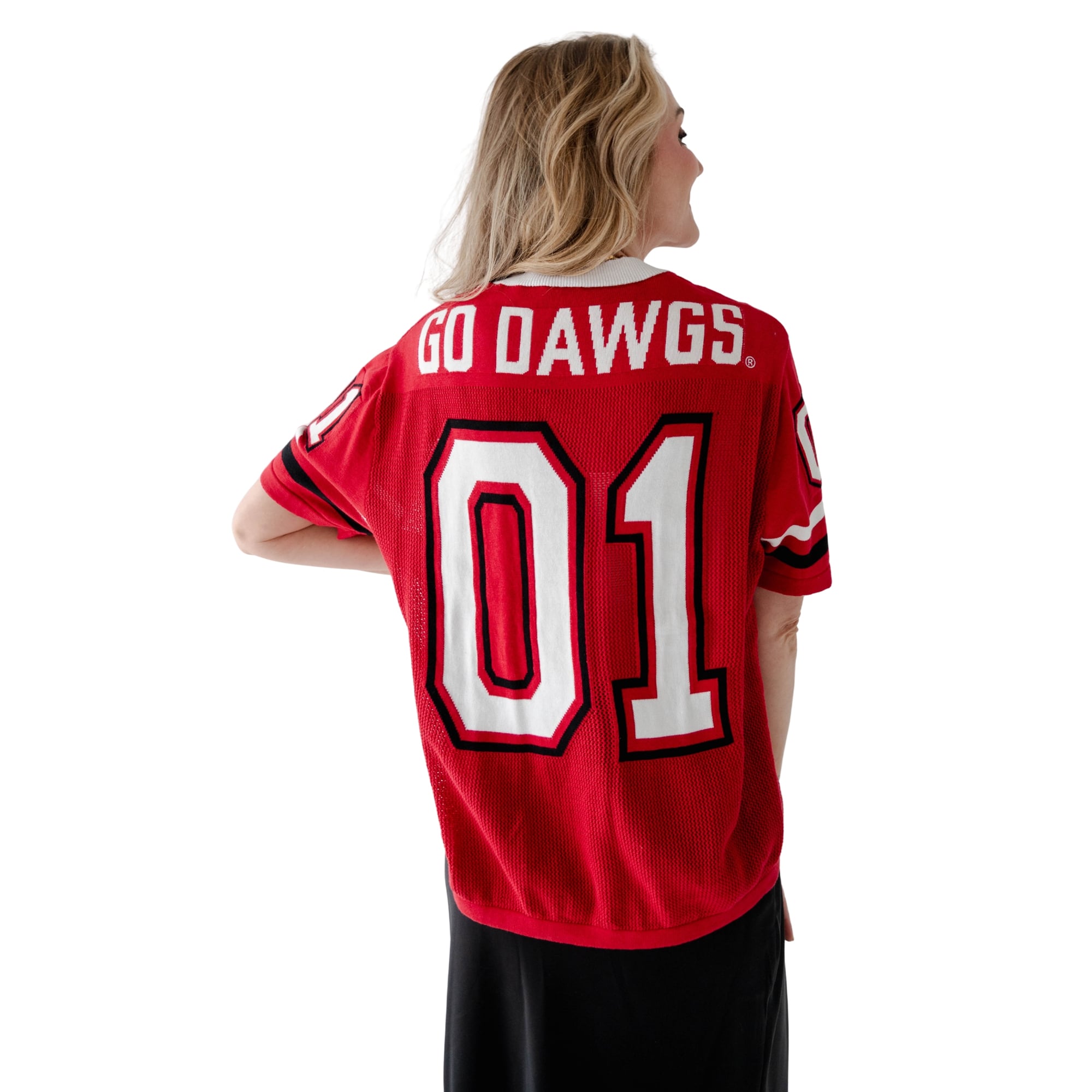 Pull de football américain tricoté rouge Georgia Bulldogs pour femmes, idéal les jours match.