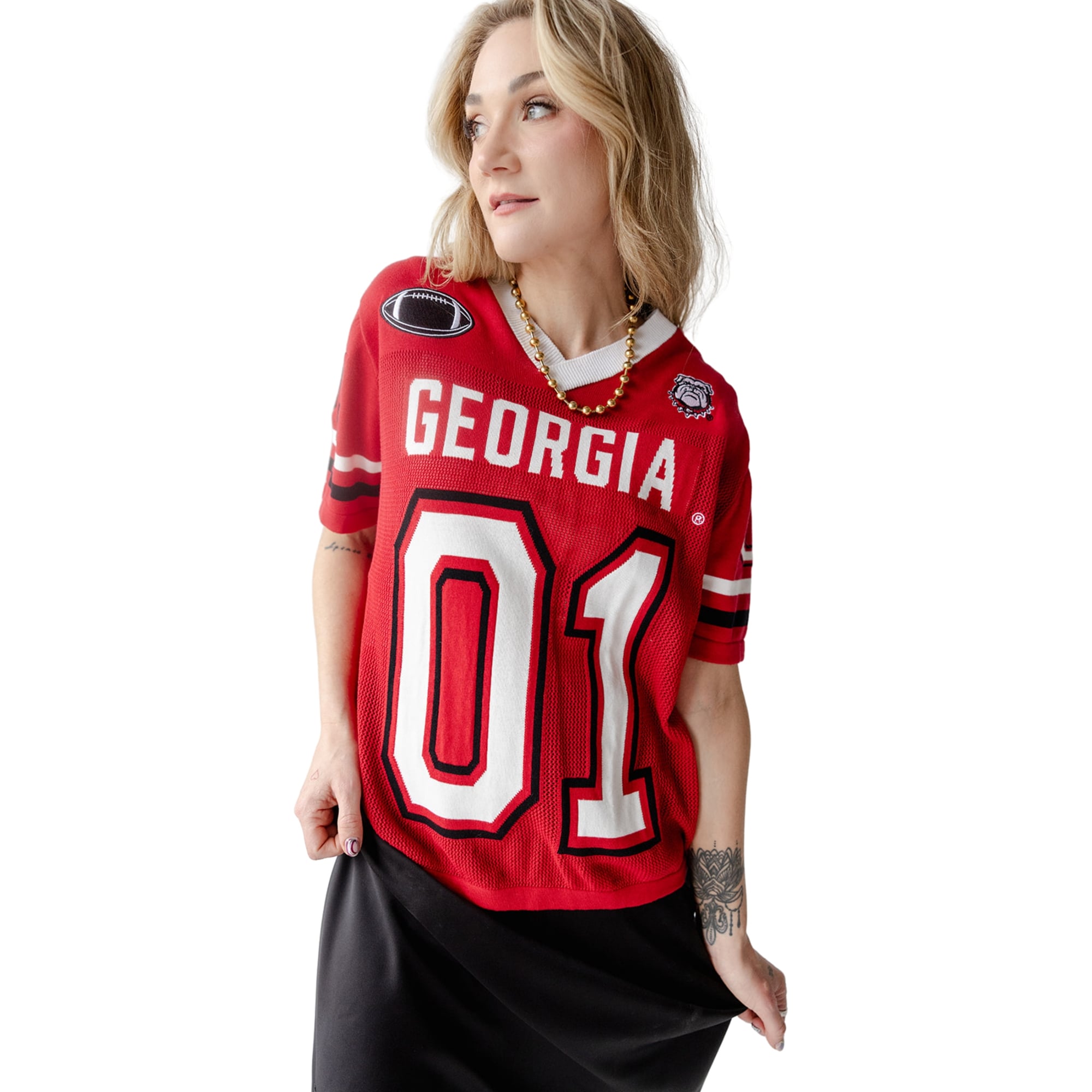 Pull de football américain tricoté rouge Georgia Bulldogs pour femmes, idéal les jours match.