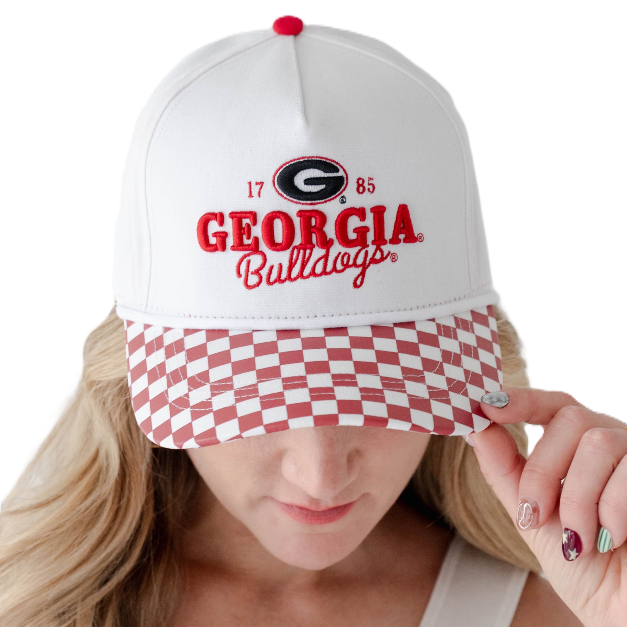 Casquette ajustable à 5 panneaux Georgia Bulldogs Albon Check blanche pour femmes, idéale pour les jours de match.