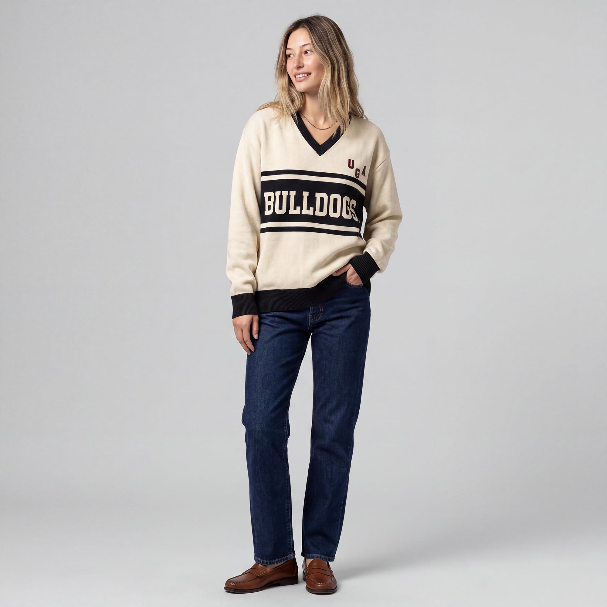 Women's Mitchell & Ness Cream Georgia Bulldogs Retro Roots V-Neck Sweater