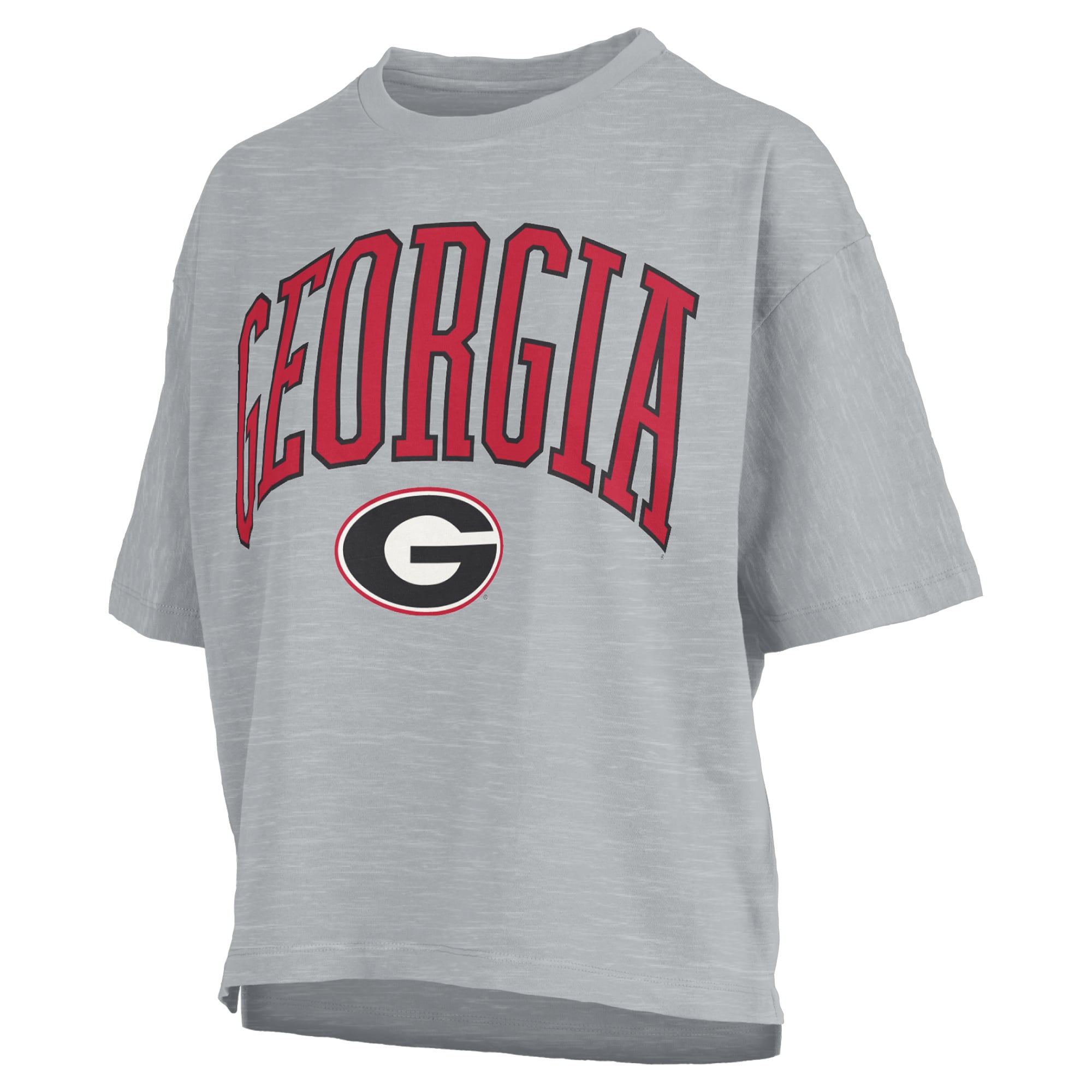 T-shirt oversize Pressbox Red Georgia Bulldogs pour femmes, logo Nelson Arch Over, en flammage.