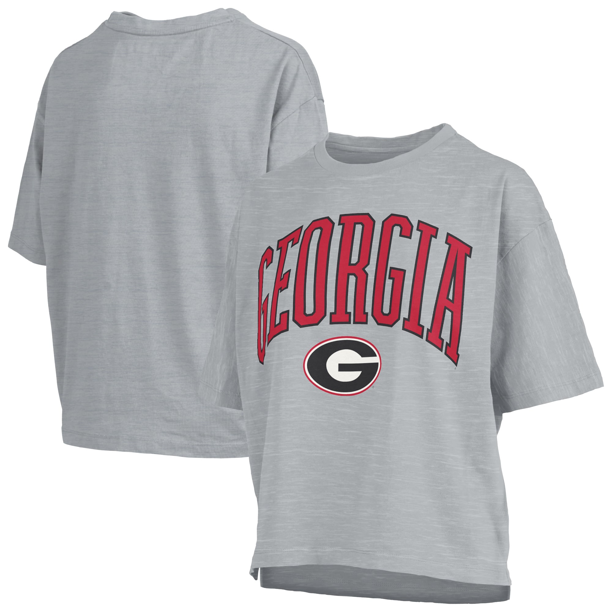 T-shirt oversize Pressbox Red Georgia Bulldogs pour femmes, logo Nelson Arch Over, en flammage.