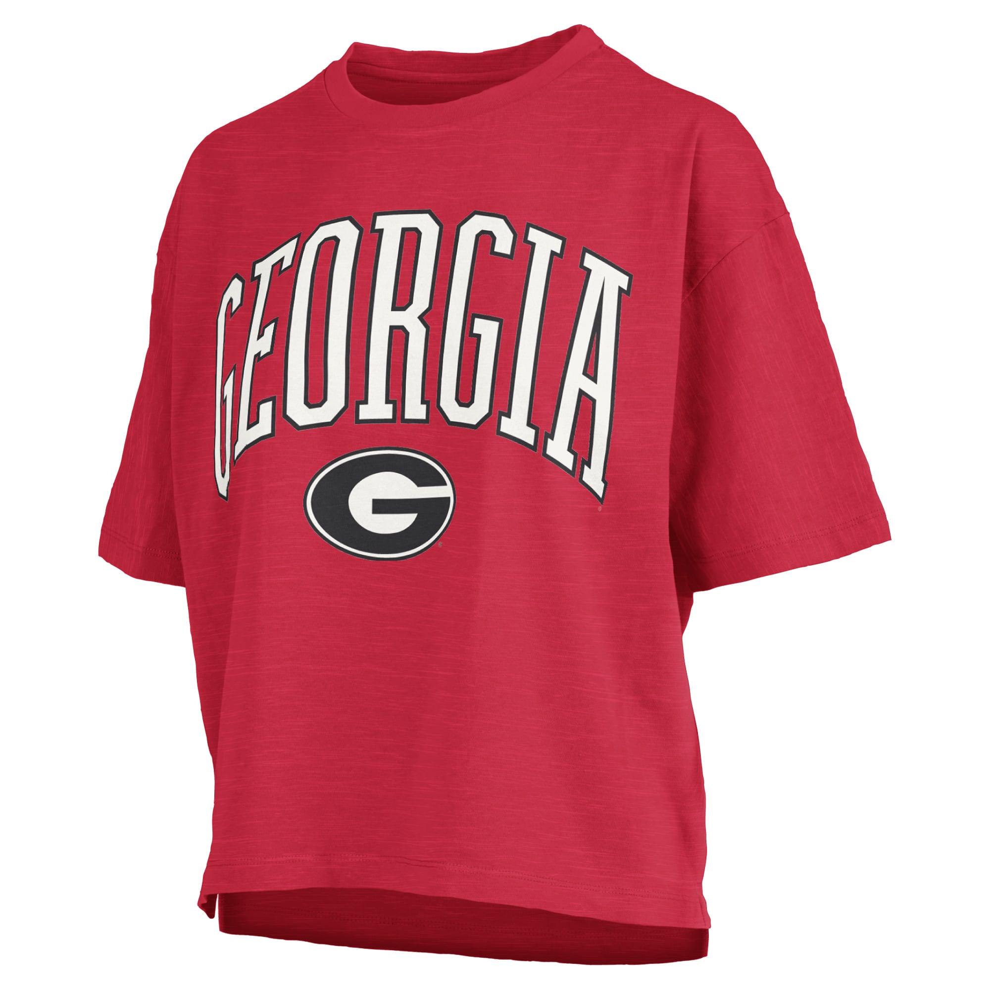 T-shirt oversize Pressbox Red Georgia Bulldogs pour femmes, logo Nelson Arch Over, en flammage.