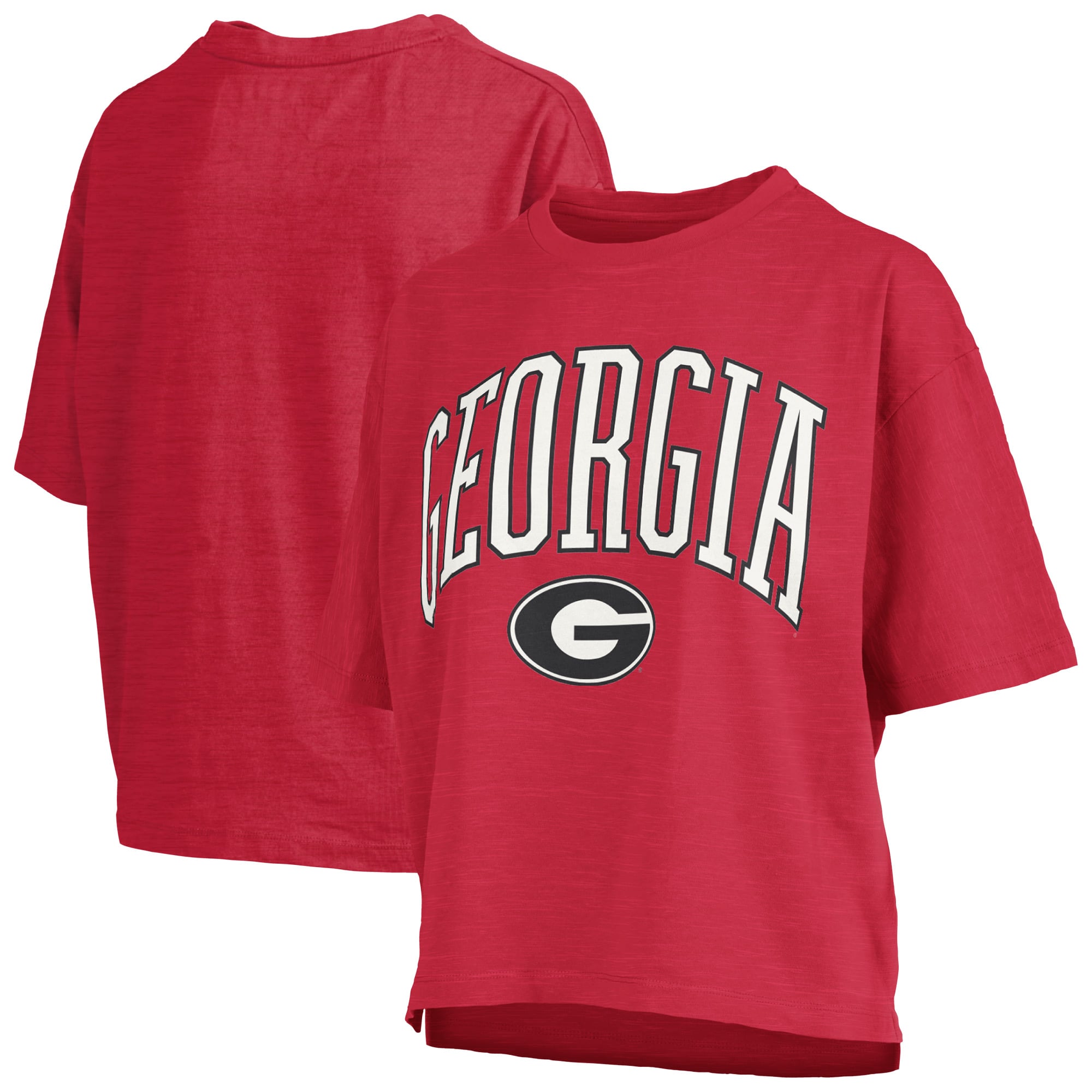 T-shirt oversize Pressbox Red Georgia Bulldogs pour femmes, logo Nelson Arch Over, en flammage.