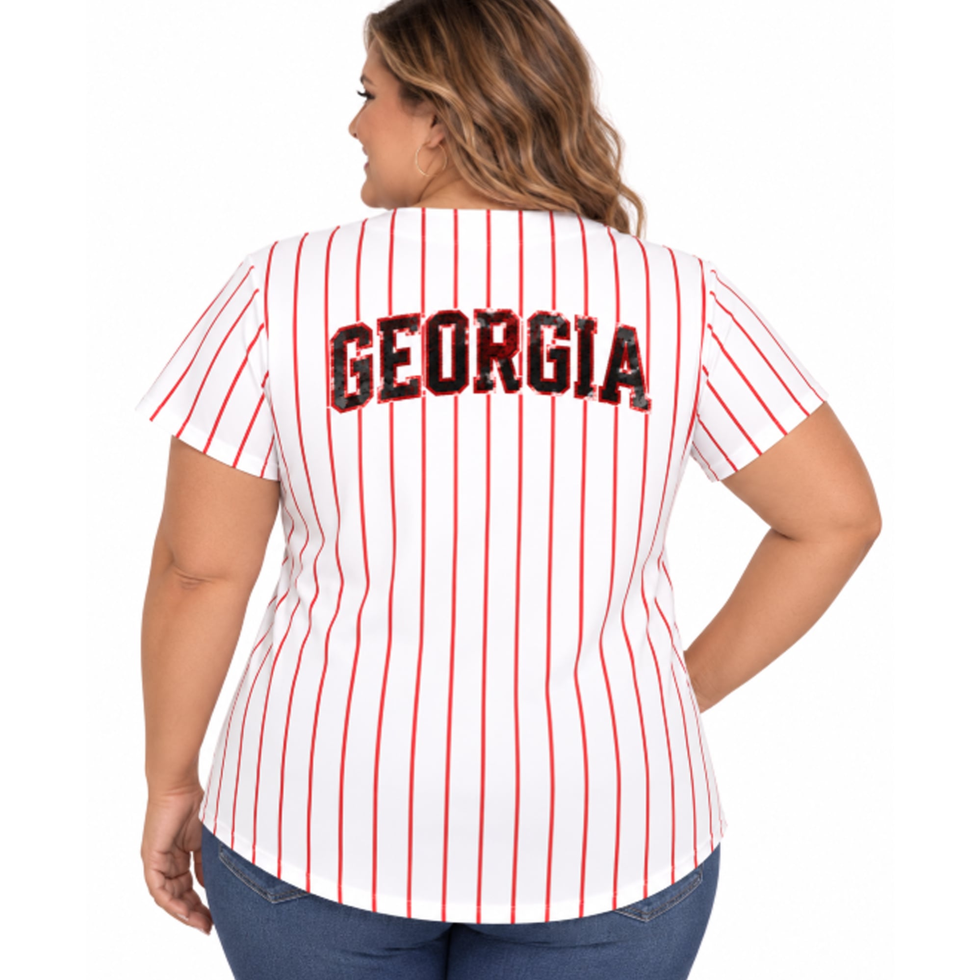 Women's Profile White/Red Georgia Bulldogs Plus Stripe Glitter Button-Up Fashion Jersey Top