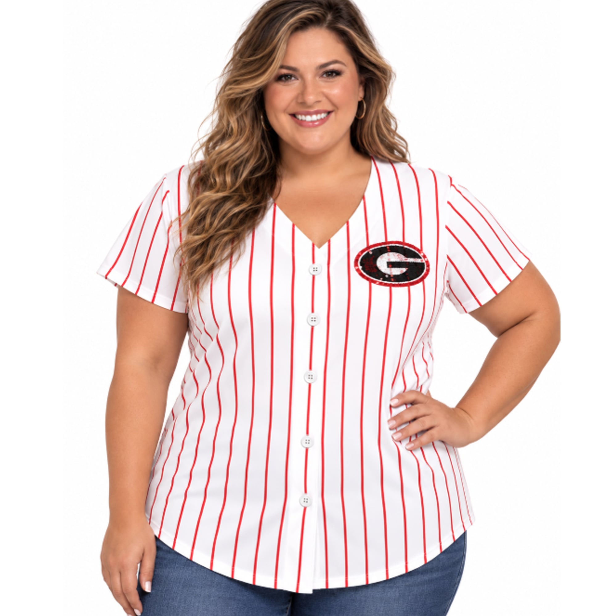 Women's Profile White/Red Georgia Bulldogs Plus Stripe Glitter Button-Up Fashion Jersey Top