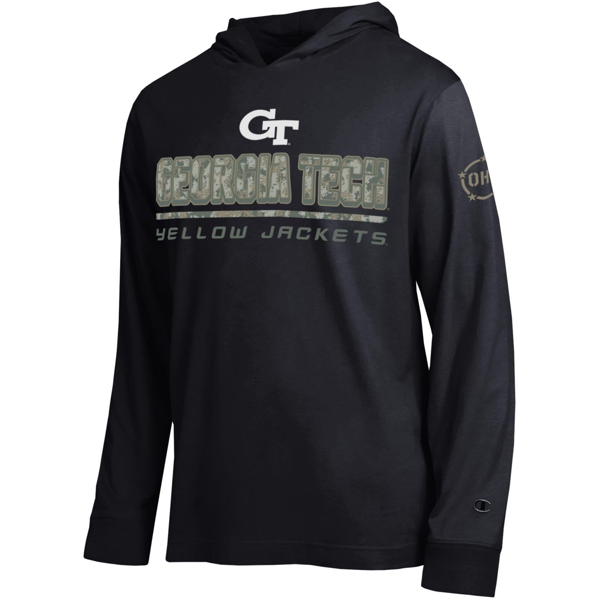 T-shirt à manches longues capuche Champion noir Georgia Tech Yellow Jackets Operation Hat Trick Camo Script pour homme