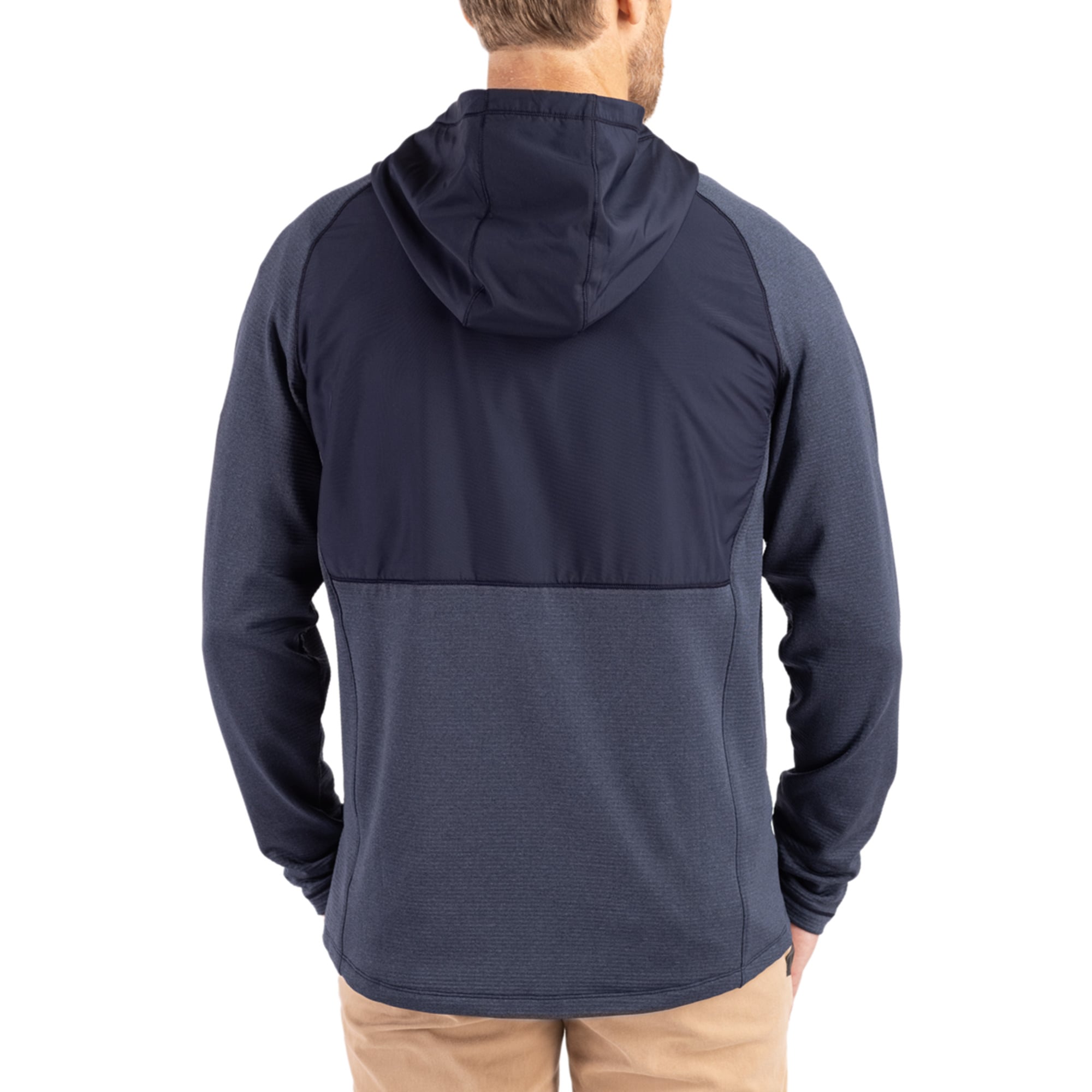 Men's Cutter & Buck Heather Navy Georgia Tech Yellow Jackets Peshastin Eco Fleece Recycled Raglan Full-Zip Tri-Blend Hybrid Jacket