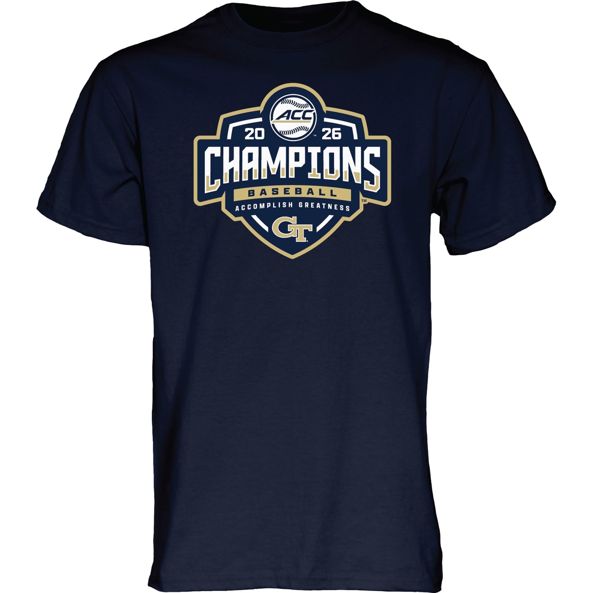 T-shirt unisexe bleu marine Georgia Tech Yellow Jackets, champions du tournoi de baseball ACC 2026