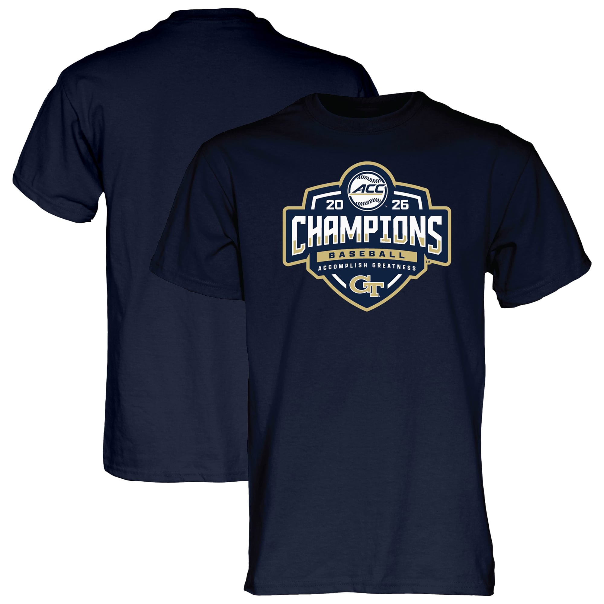 T-shirt unisexe bleu marine Georgia Tech Yellow Jackets, champions du tournoi de baseball ACC 2026