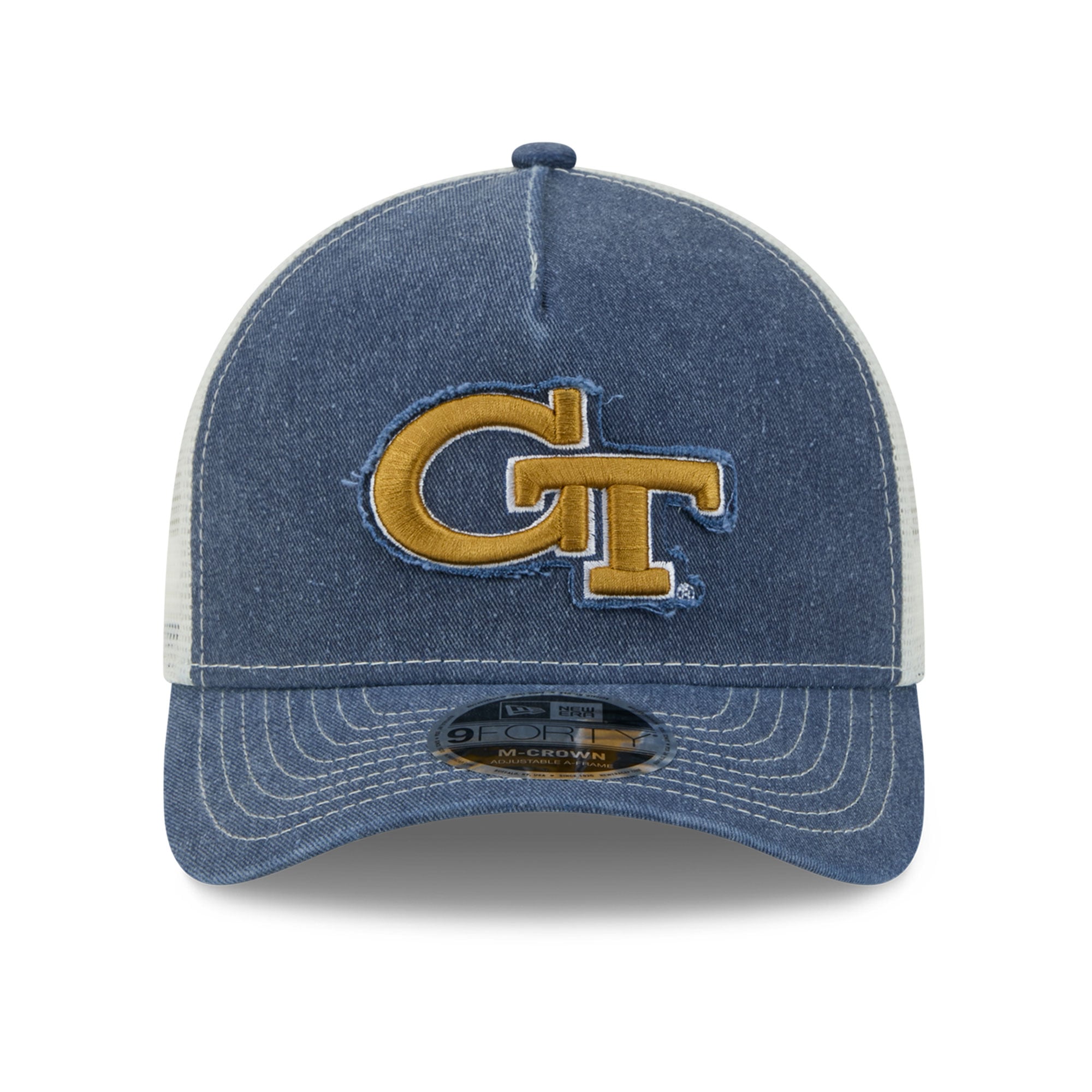 Casquette trucker unisexe New Era Georgia Tech Yellow Jackets bleu marine, modèle A-Frame délavé 9FORTY, ajustable