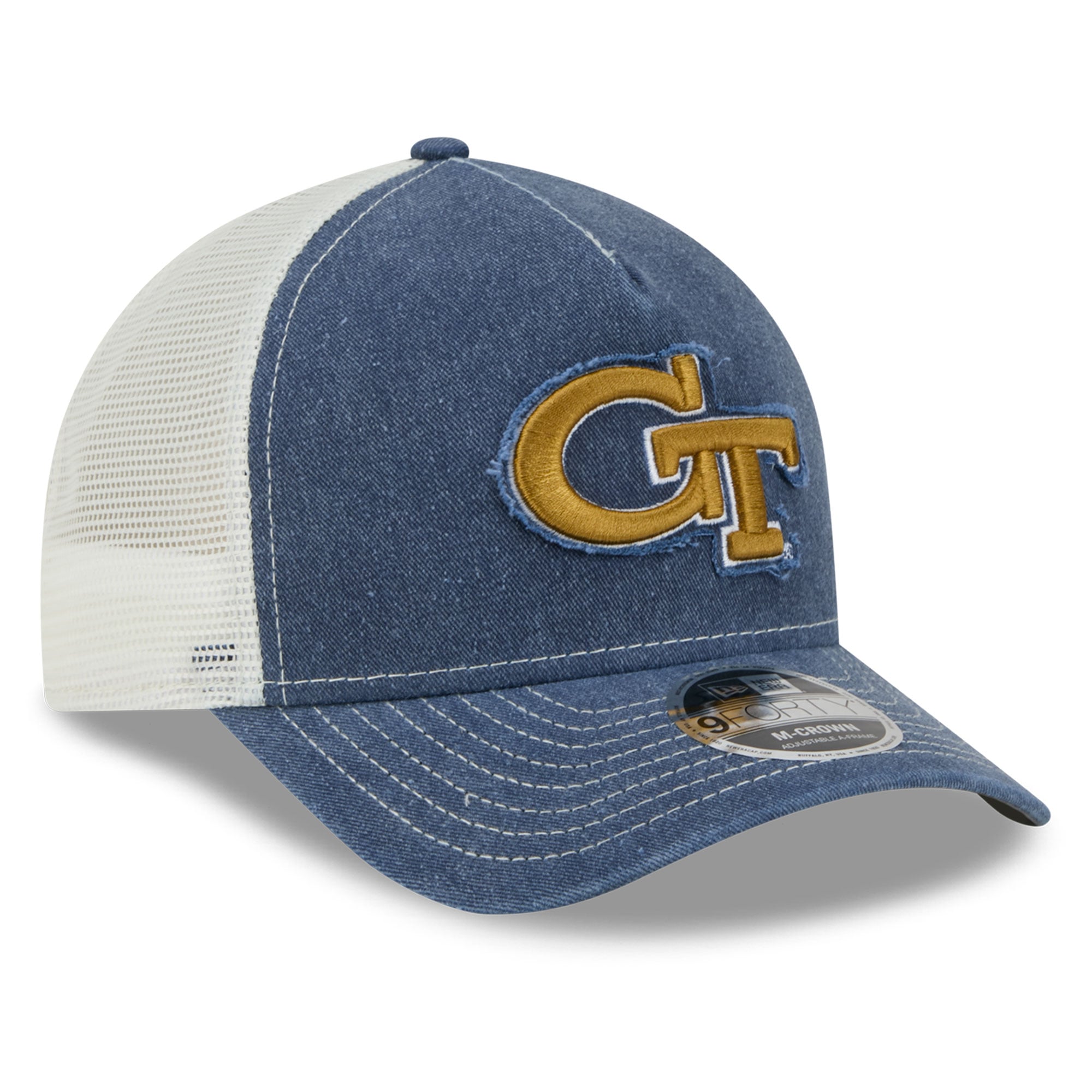 Casquette trucker unisexe New Era Georgia Tech Yellow Jackets bleu marine, modèle A-Frame délavé 9FORTY, ajustable
