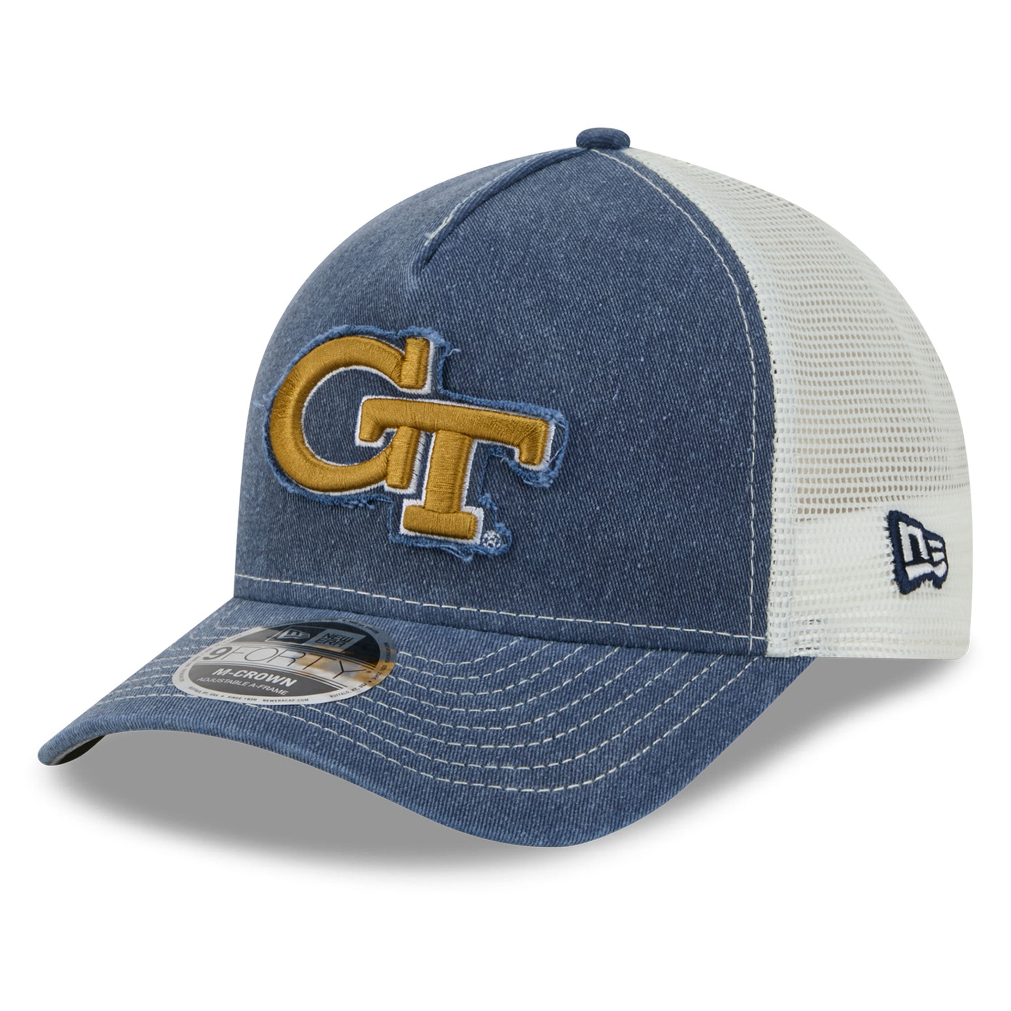 Casquette trucker unisexe New Era Georgia Tech Yellow Jackets bleu marine, modèle A-Frame délavé 9FORTY, ajustable