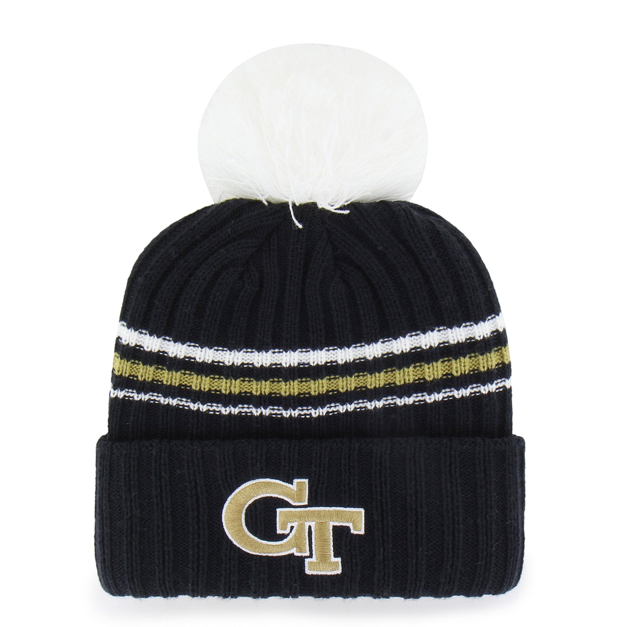 Bonnet tricoté à pompon et inscription duveteuse, modèle 47, bleu marine, Georgia Tech Yellow Jackets, pour femme