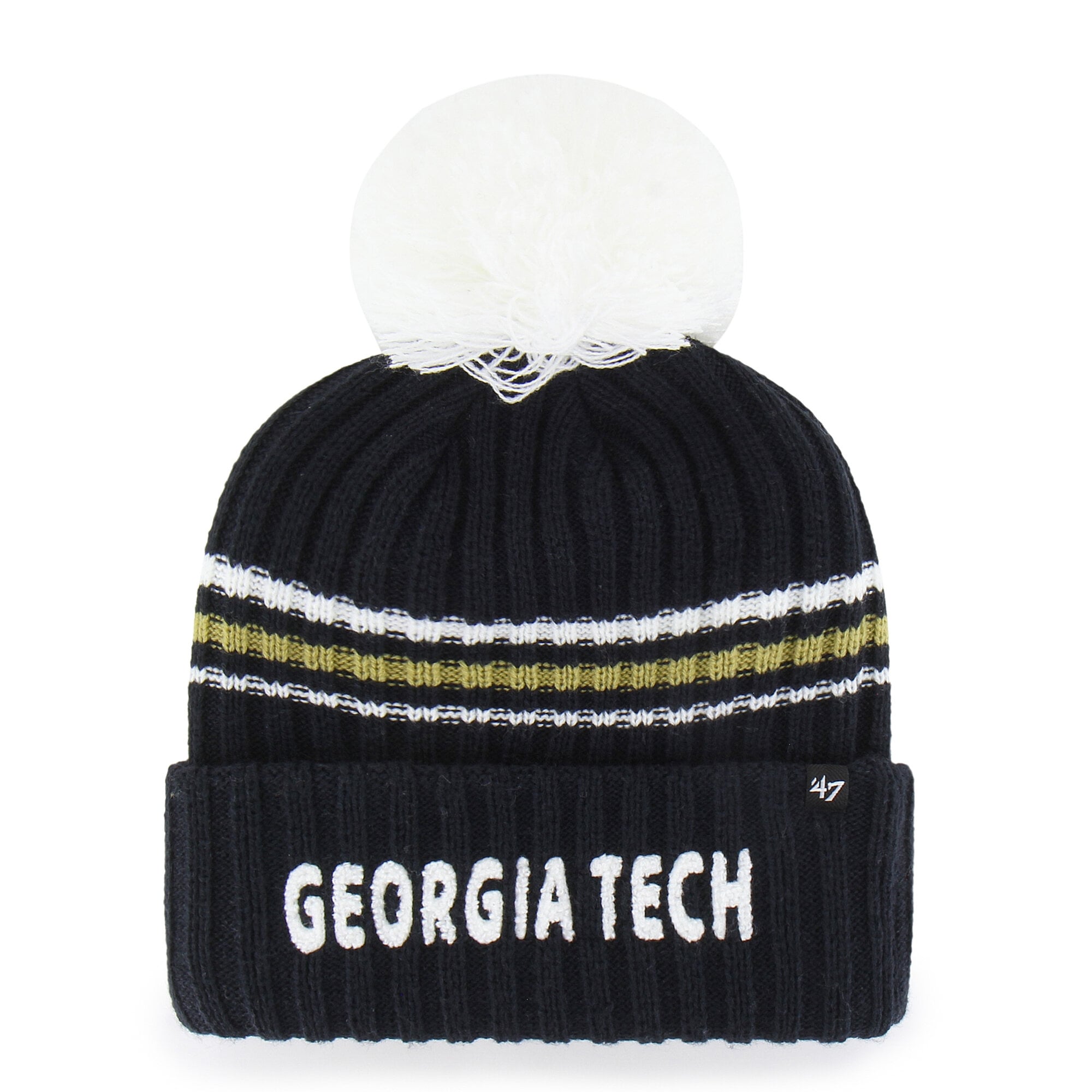 Bonnet tricoté à pompon et inscription duveteuse, modèle 47, bleu marine, Georgia Tech Yellow Jackets, pour femme