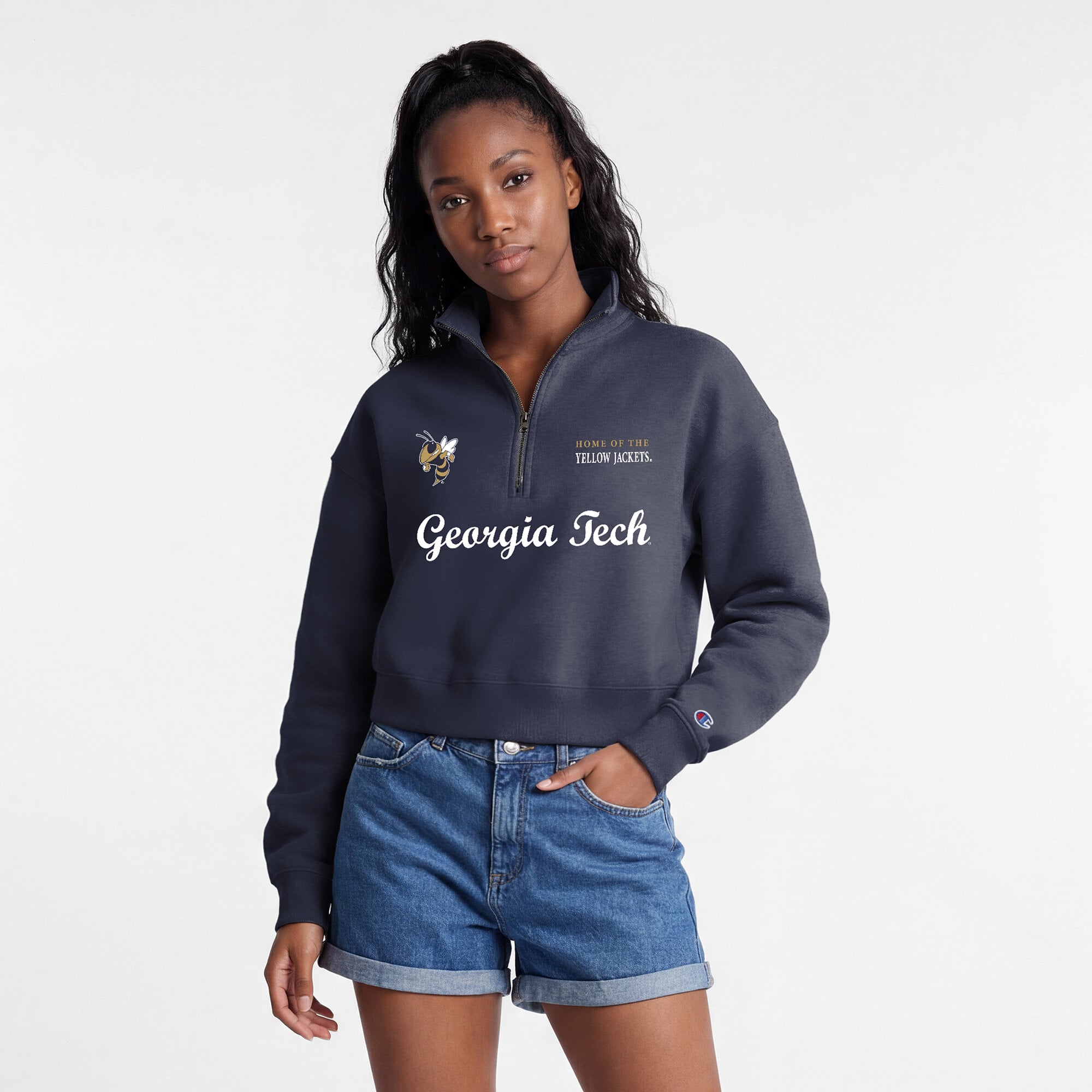 Women's Champion Navy Georgia Tech Yellow Jackets Academic Triumph Quarter-Zip Tri-Blend Pullover