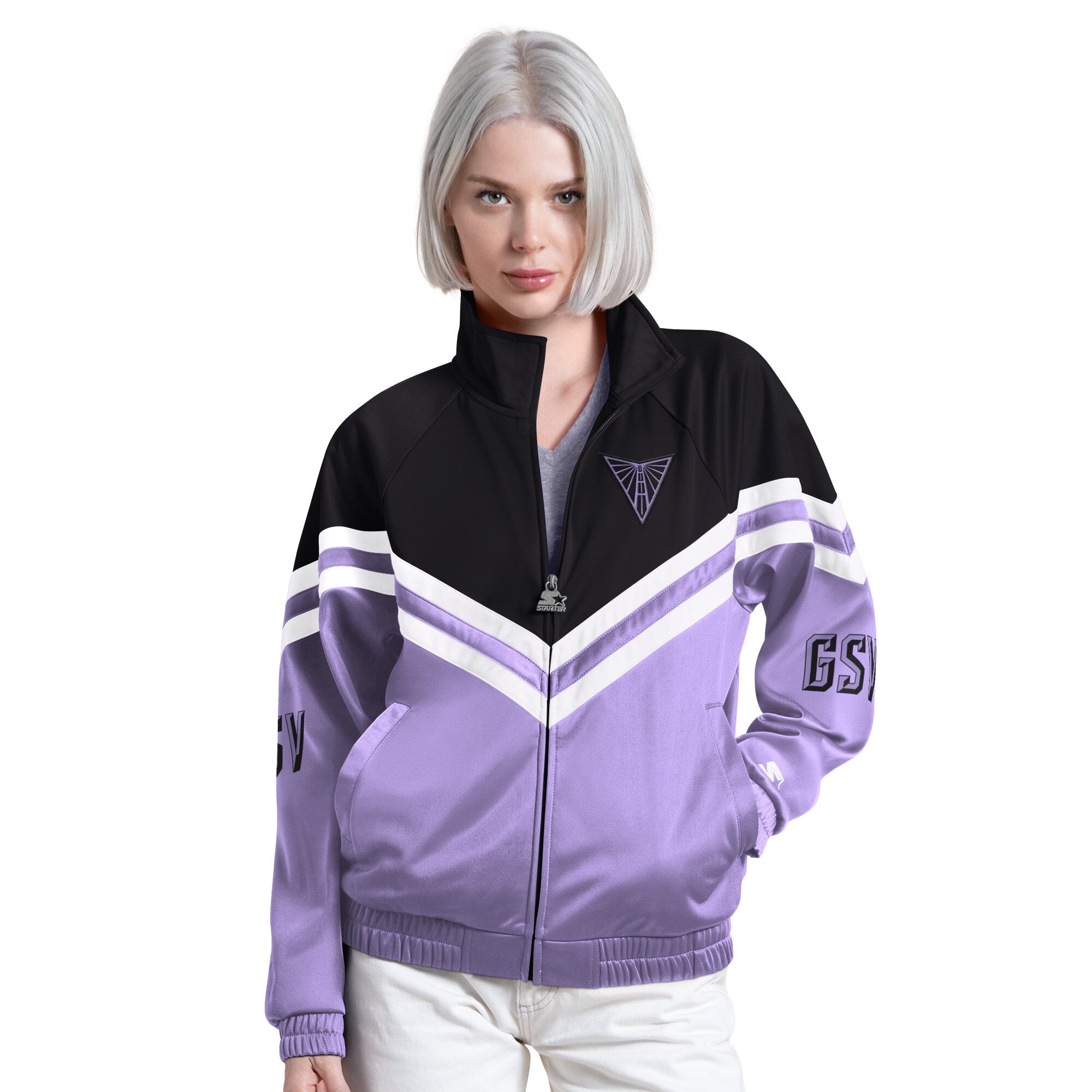 Veste de survêtement raglan zippée intégrale violette pour femme, Starter Golden State Valkyries.