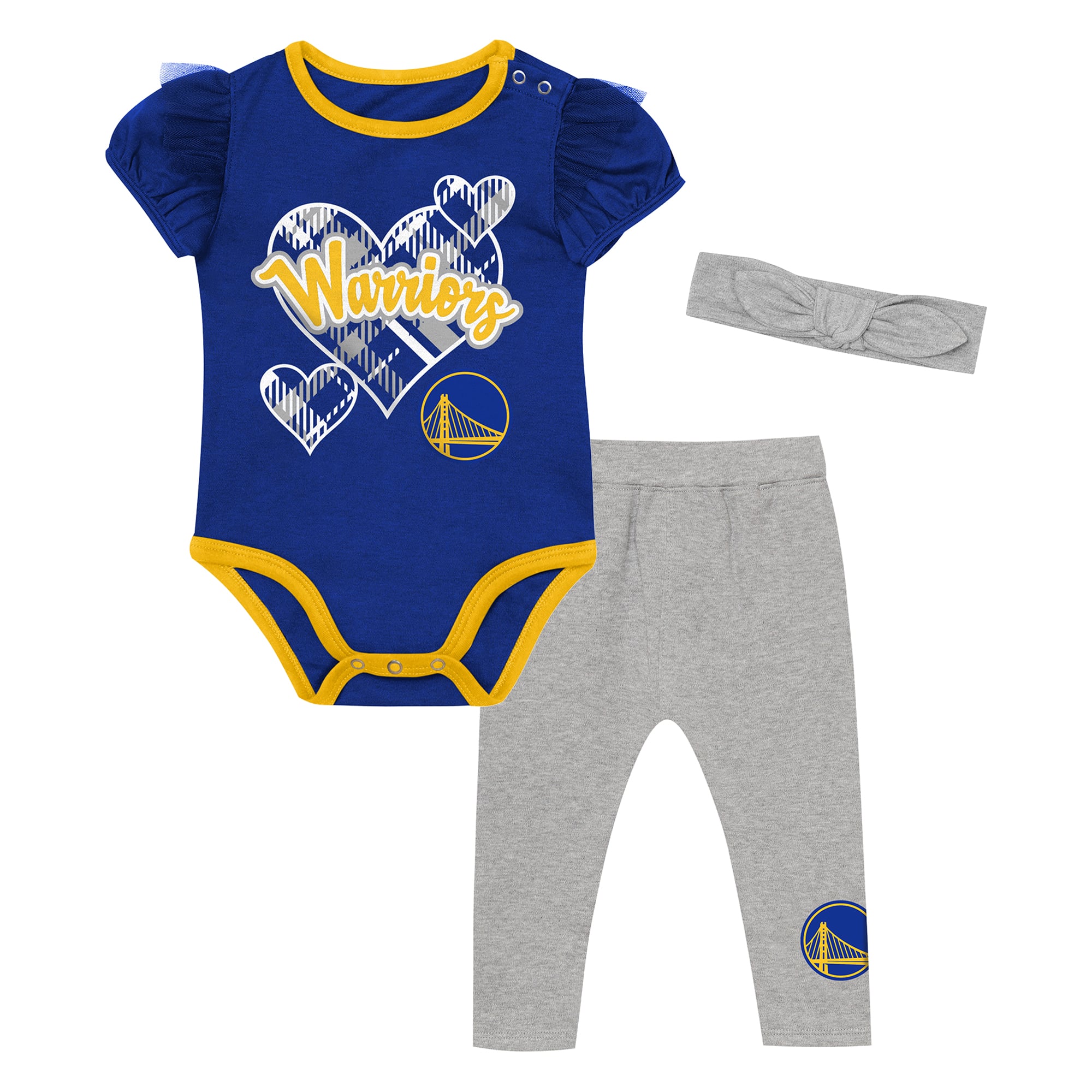 Ensemble body, pantalon et bandeau Outerstuff bleu roi/gris à l'effigie des Golden State Warriors pour bébé fille