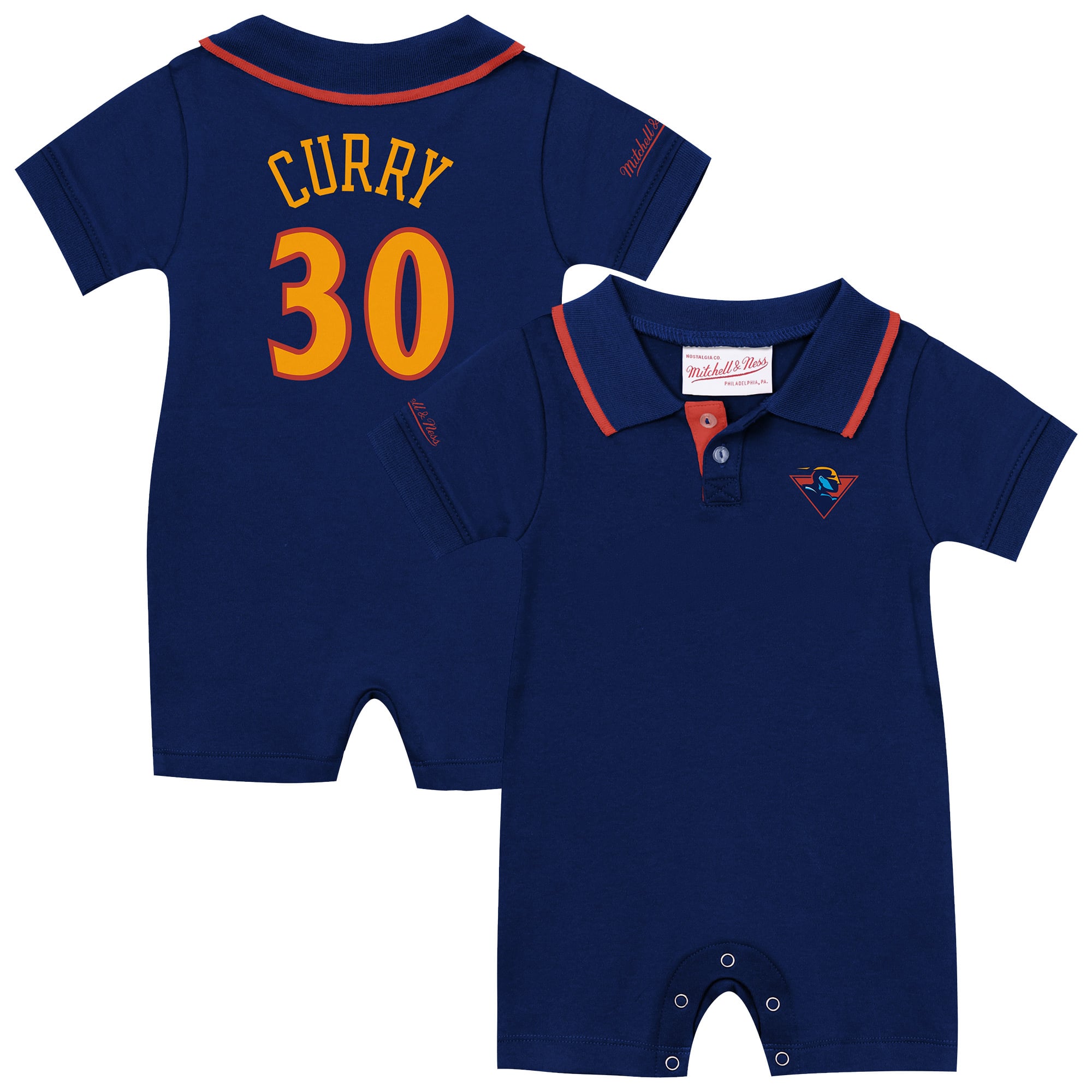 Infant Mitchell & Ness Stephen Curry Navy Golden State Warriors Retro Roots Player Rugby Romper