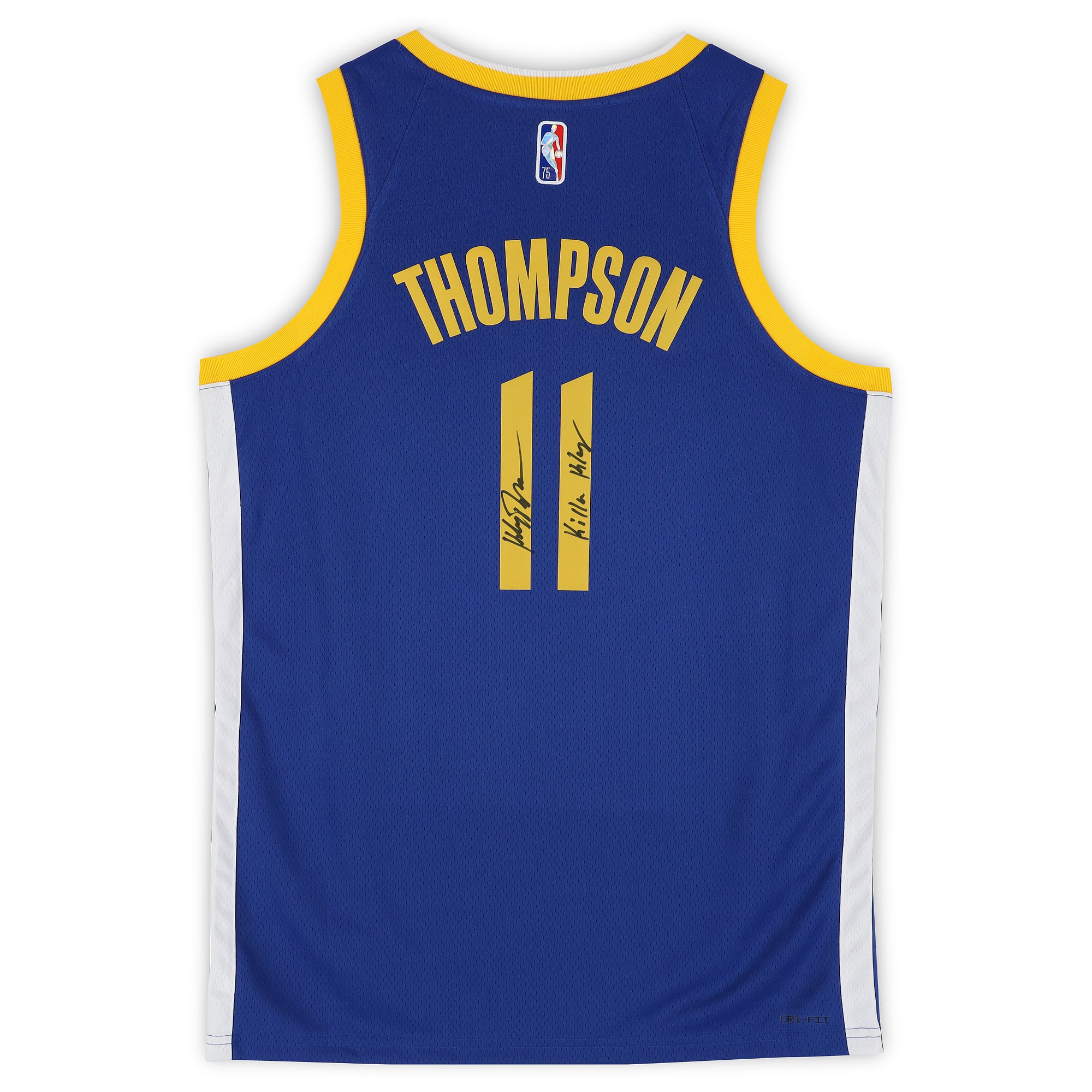 Maillot Swingman Nike Icon Edition Royal 75e anniversaire de la NBA, autographié par Klay Thompson des Golden State Warriors, avec inscription « Killa Klay ».