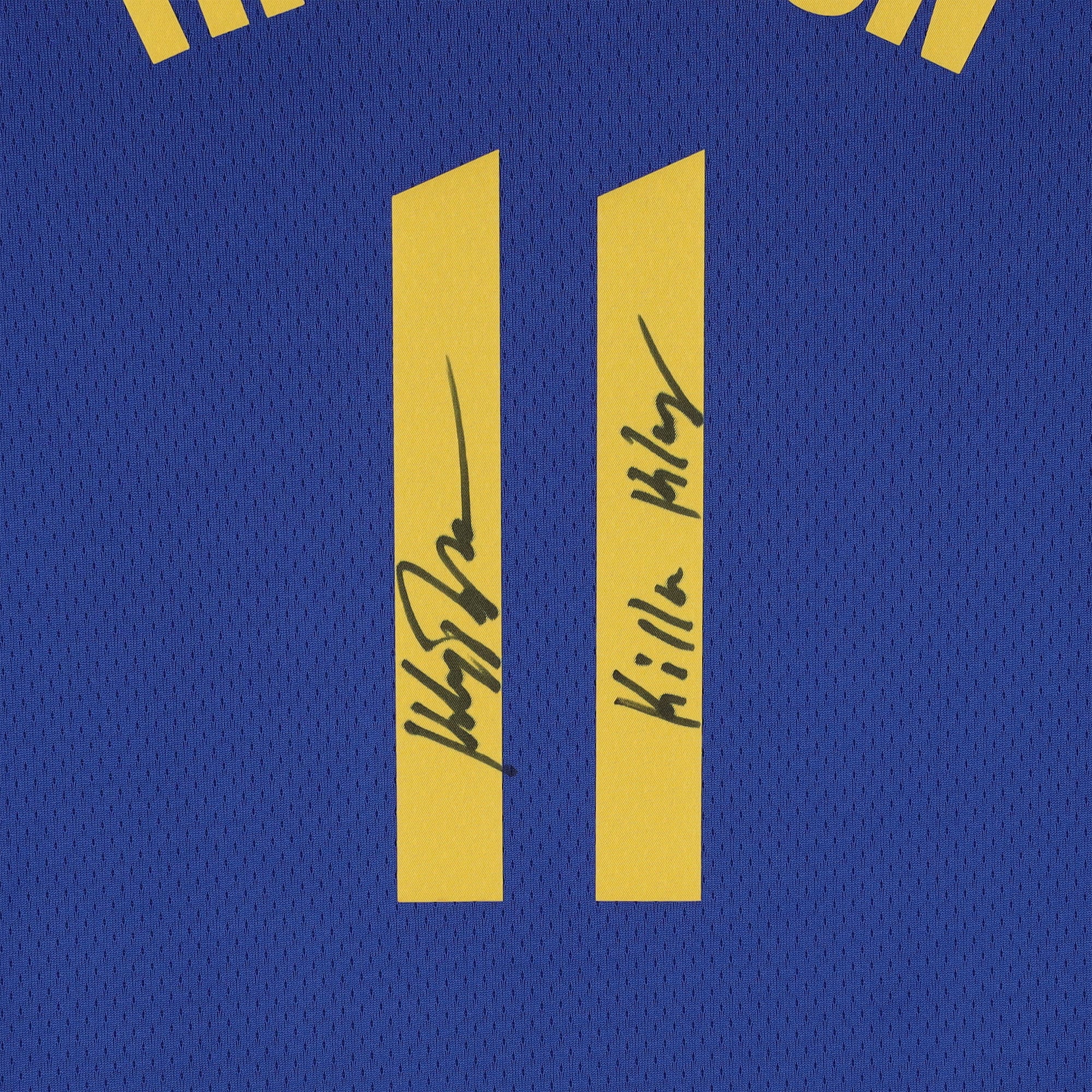 Maillot Swingman Nike Icon Edition Royal 75e anniversaire de la NBA, autographié par Klay Thompson des Golden State Warriors, avec inscription « Killa Klay ».