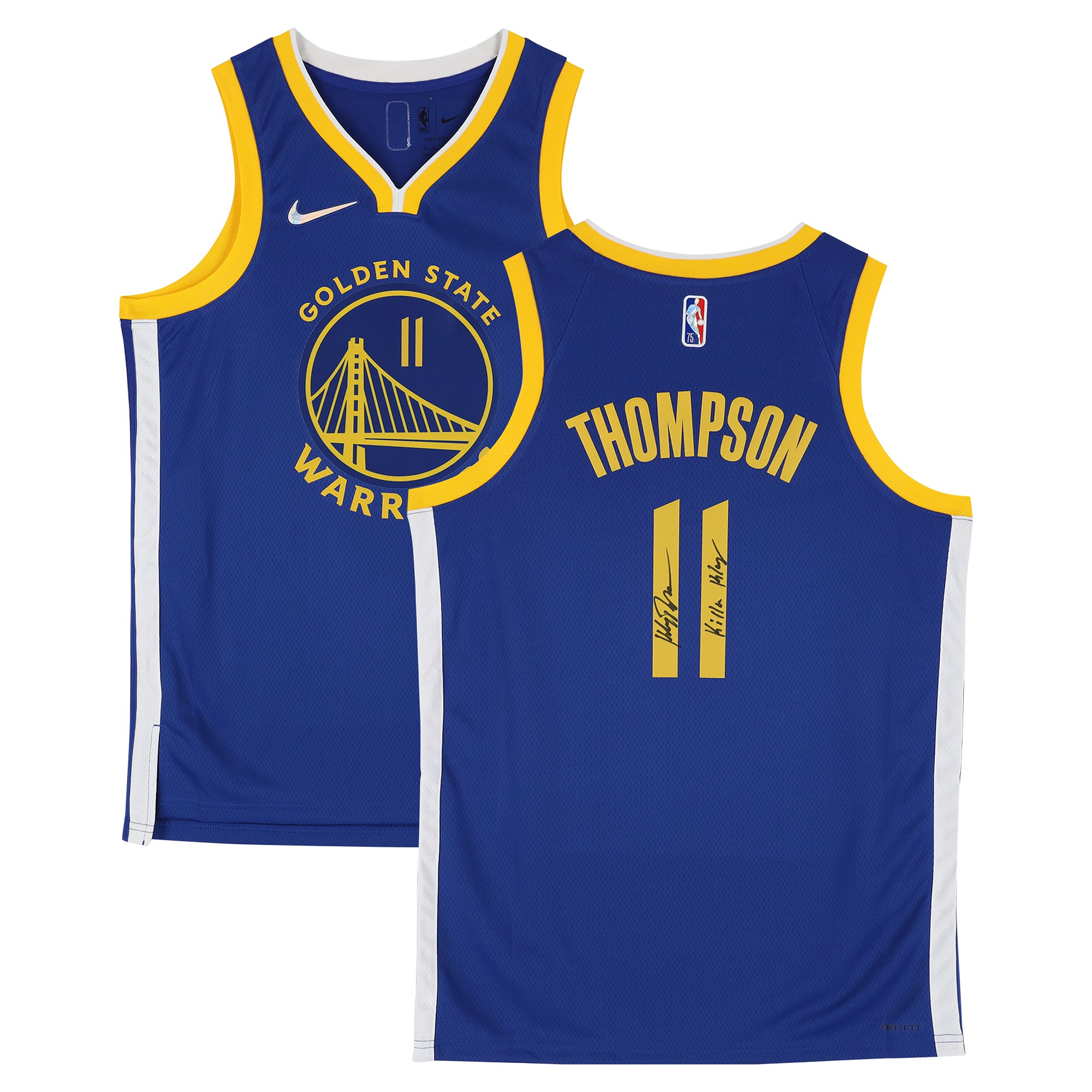 Maillot Swingman Nike Icon Edition Royal 75e anniversaire de la NBA, autographié par Klay Thompson des Golden State Warriors, avec inscription « Killa Klay ».
