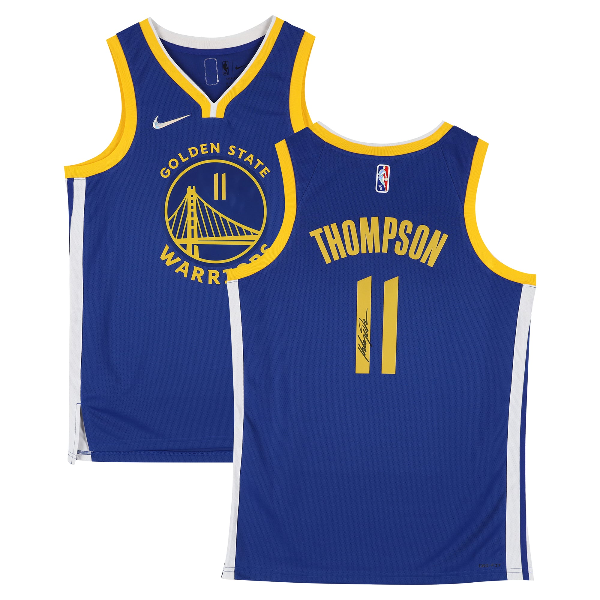 Maillot Swingman Nike Icon Edition Royal dédicacé par Klay Thompson des Golden State Warriors, célébrant le 75e anniversaire de la NBA.