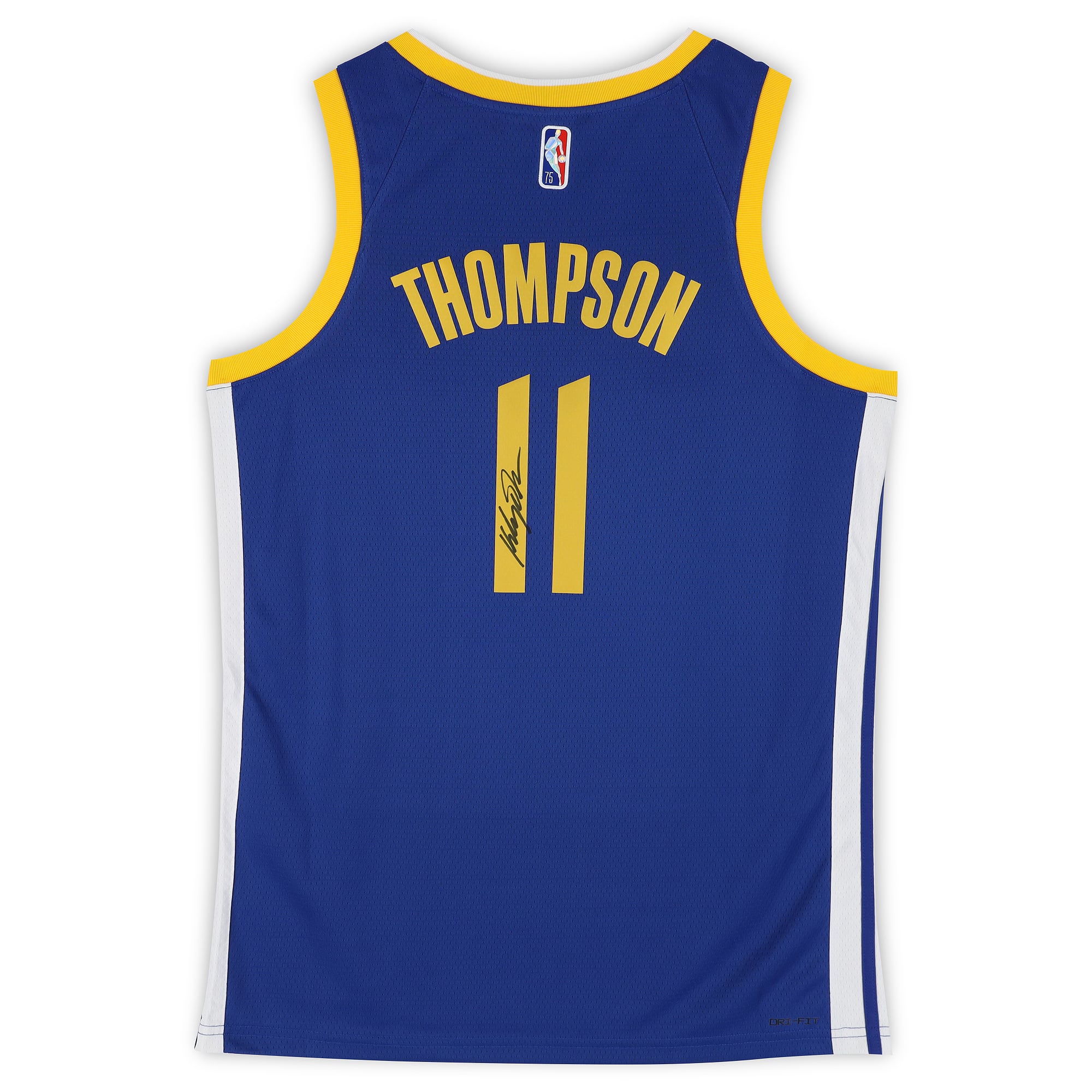 Maillot Swingman Nike Icon Edition Royal dédicacé par Klay Thompson des Golden State Warriors, célébrant le 75e anniversaire de la NBA.