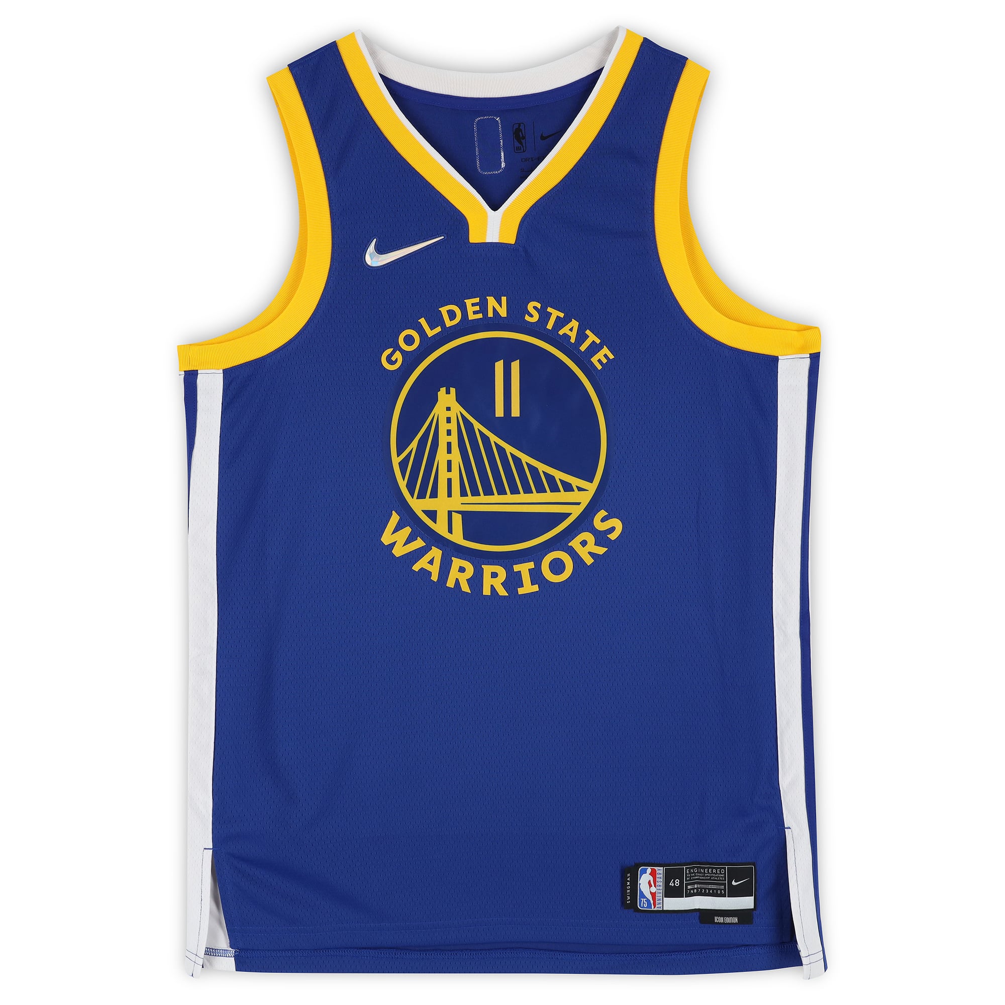 Maillot Swingman Nike Icon Edition Royal dédicacé par Klay Thompson des Golden State Warriors, célébrant le 75e anniversaire de la NBA.
