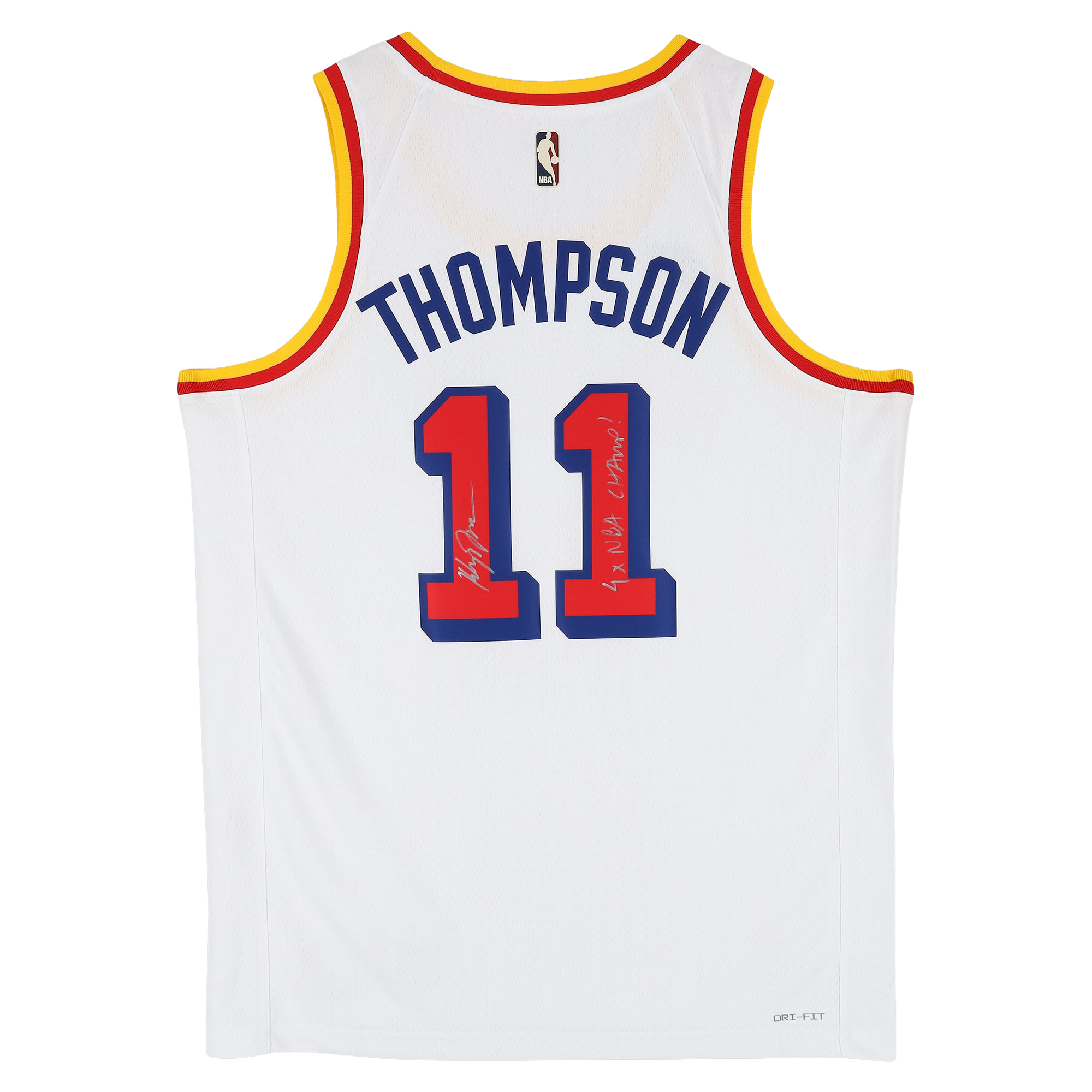 Maillot blanc Nike Association Swingman autographié par Klay Thompson des Golden State Warriors, avec inscription « 4X Champion ».