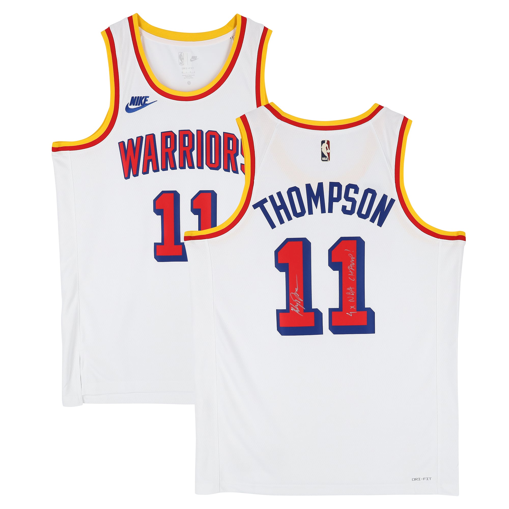Maillot blanc Nike Association Swingman autographié par Klay Thompson des Golden State Warriors, avec inscription « 4X Champion ».