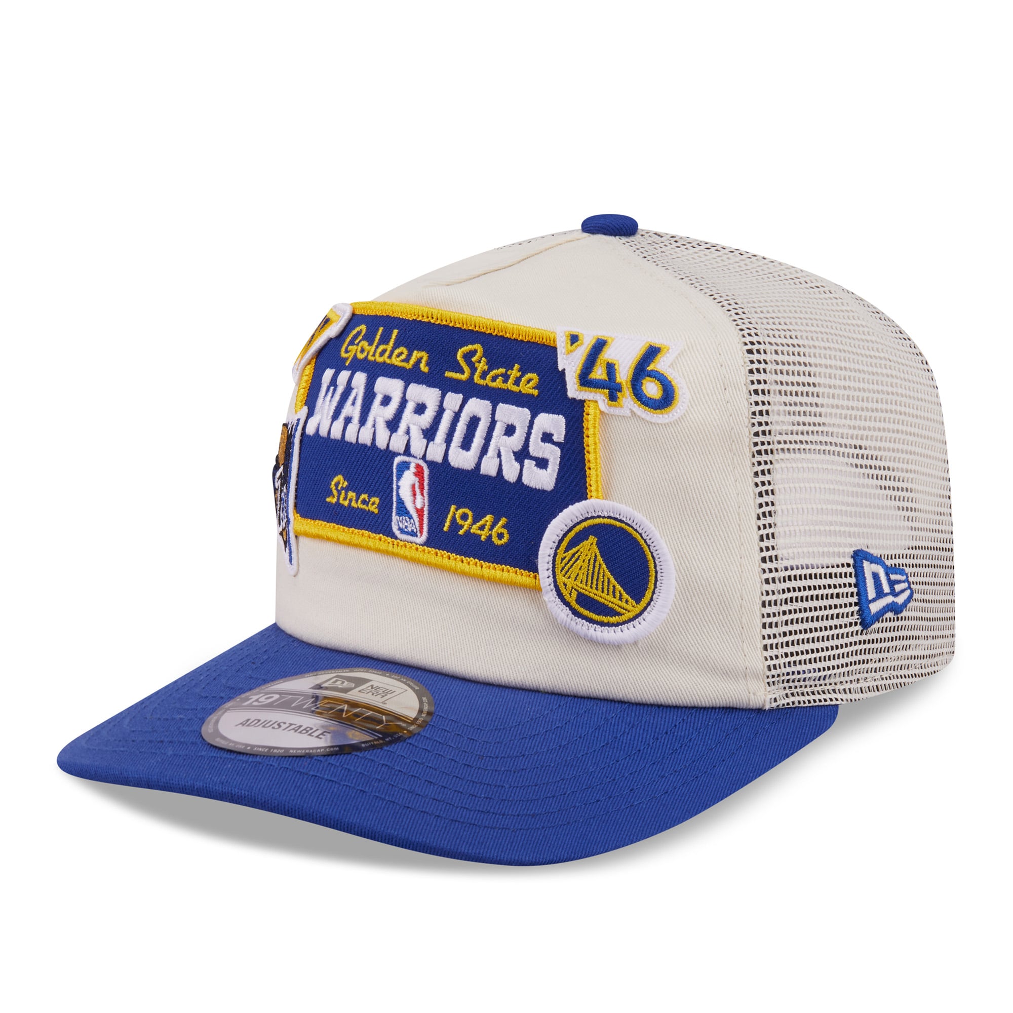 Men's New Era Cream Golden State Warriors Layered Patch 19TWENTY Adjustable Hat