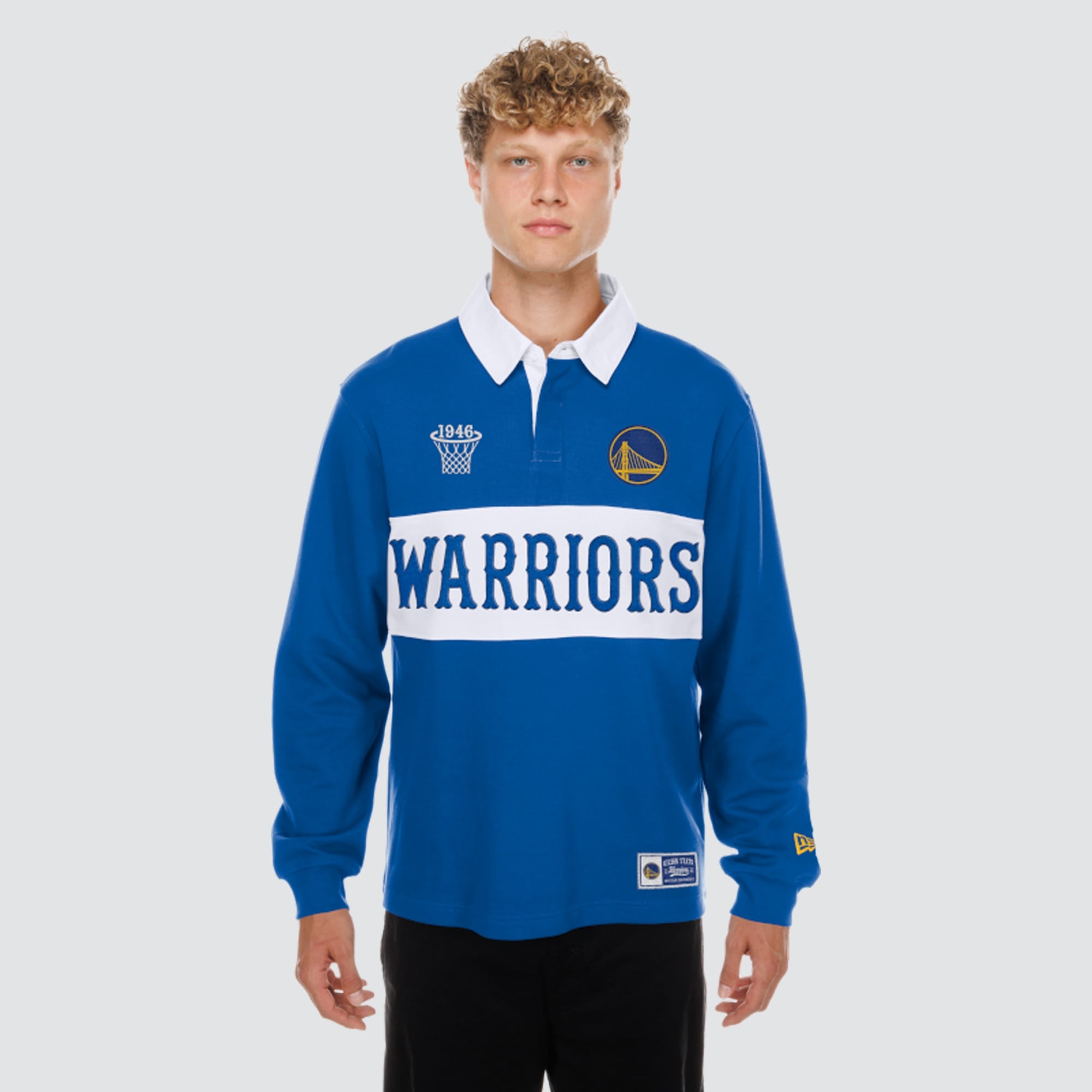 Polo de rugby à manches longues New Era Royal Golden State Warriors pour homme