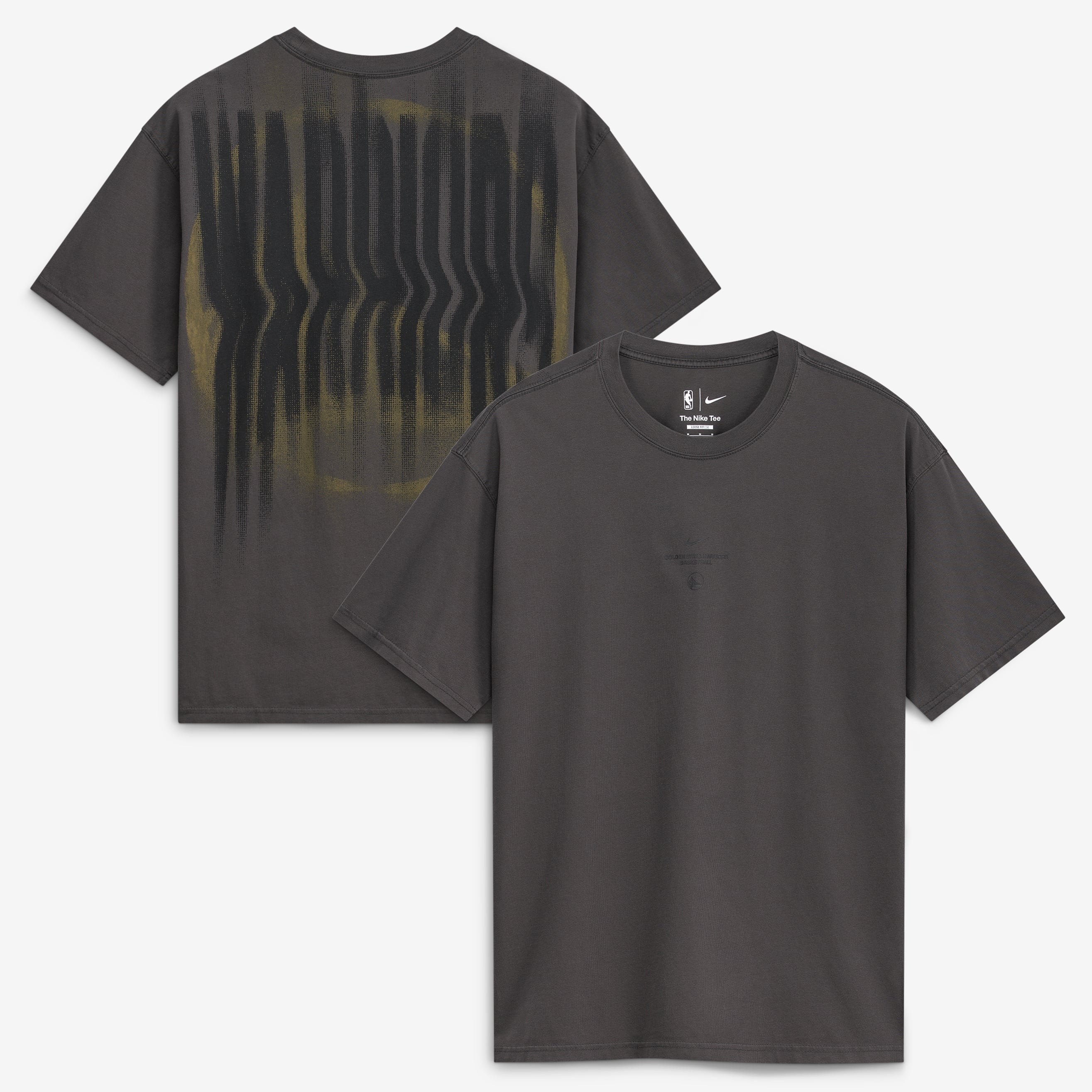 T-shirt Nike Max 90 d'avant-match 2026, couleur anthracite, Golden State Warriors, édition standard.