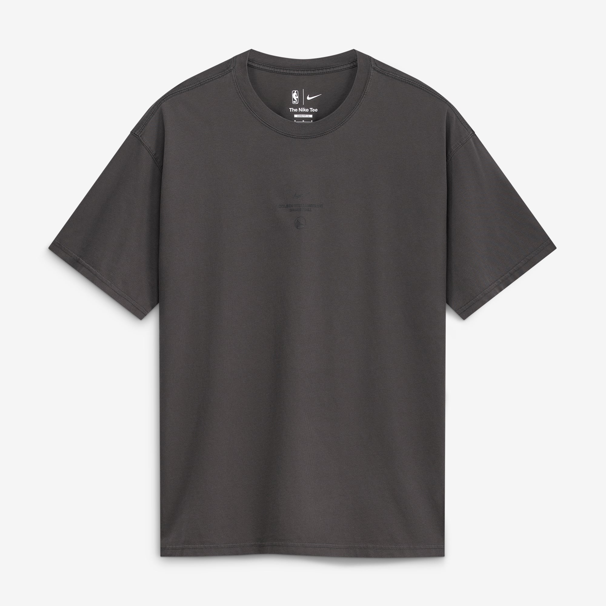 T-shirt Nike Max 90 d'avant-match 2026, couleur anthracite, Golden State Warriors, édition standard.