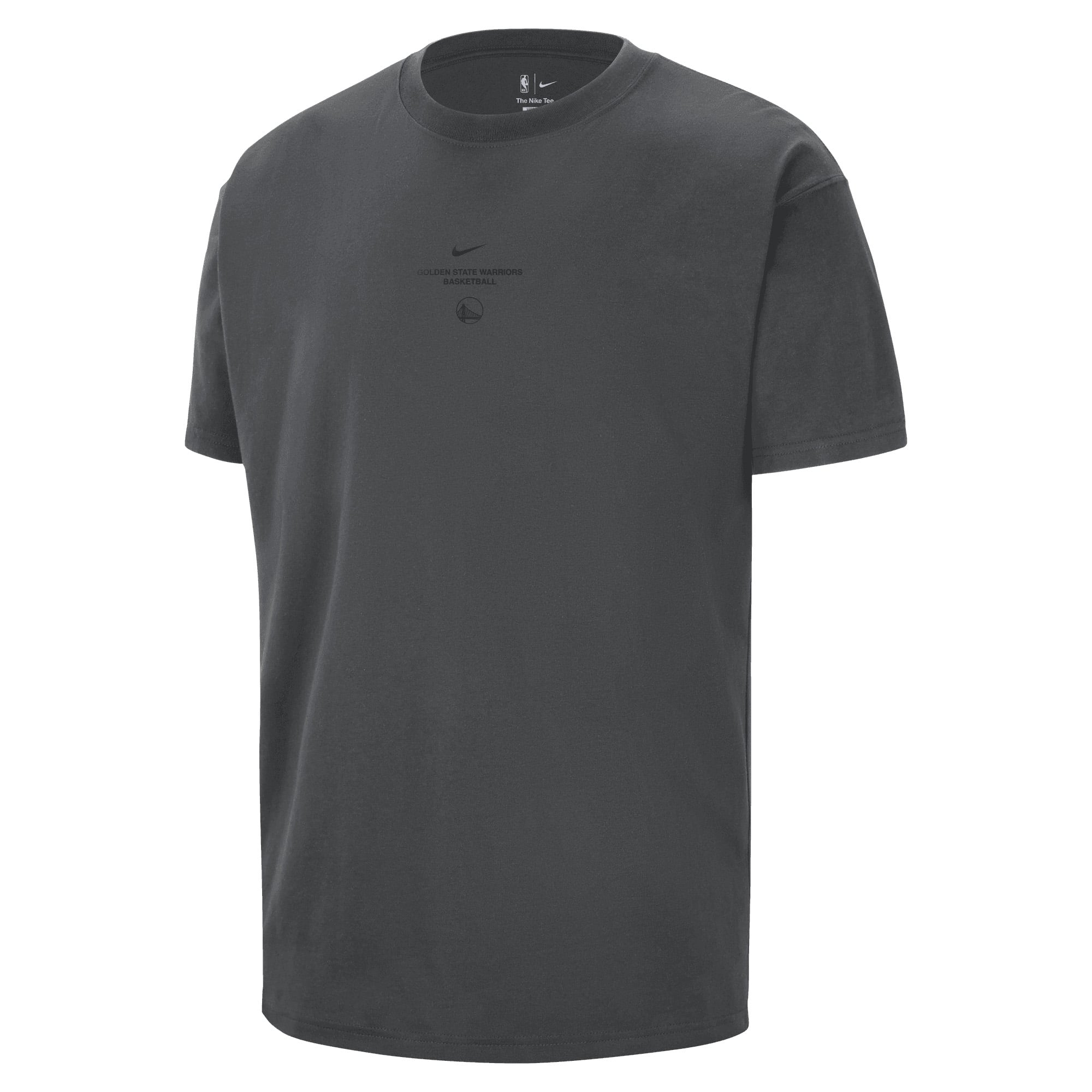 T-shirt Nike Max 90 d'avant-match 2026, couleur anthracite, Golden State Warriors, édition standard.