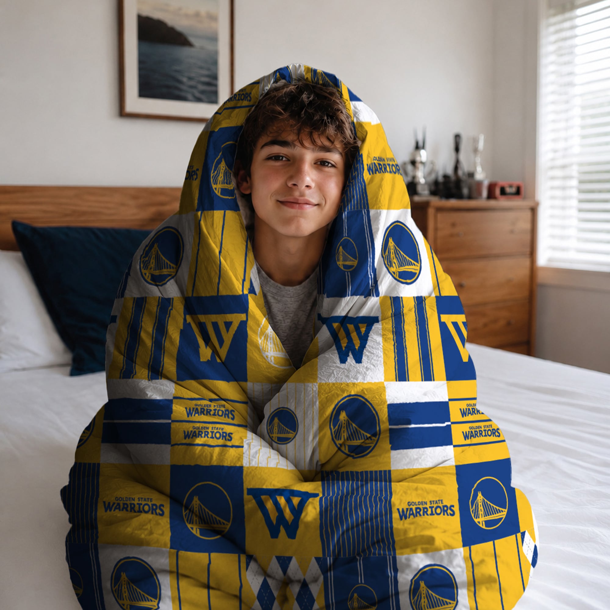 Ensemble de literie trois pièces à carreaux patchwork Pegasus Golden State Warriors (grand lit/queen)