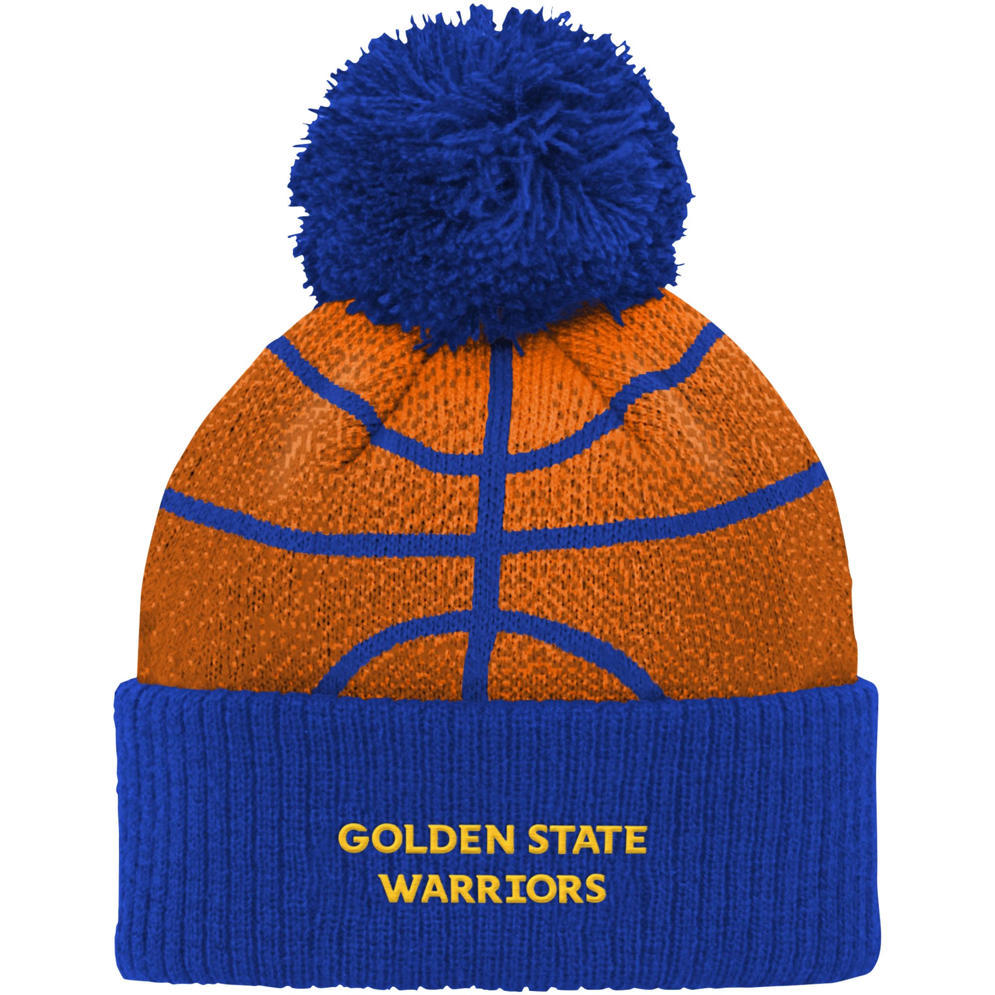 Bonnet en tricot à revers avec tête de basket-ball Golden State Warriors bleu préscolaire avec pompon