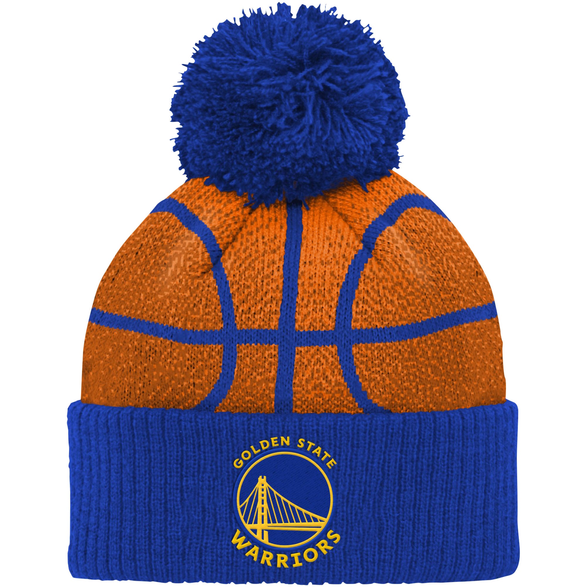 Bonnet en tricot à revers avec tête de basket-ball Golden State Warriors bleu préscolaire avec pompon