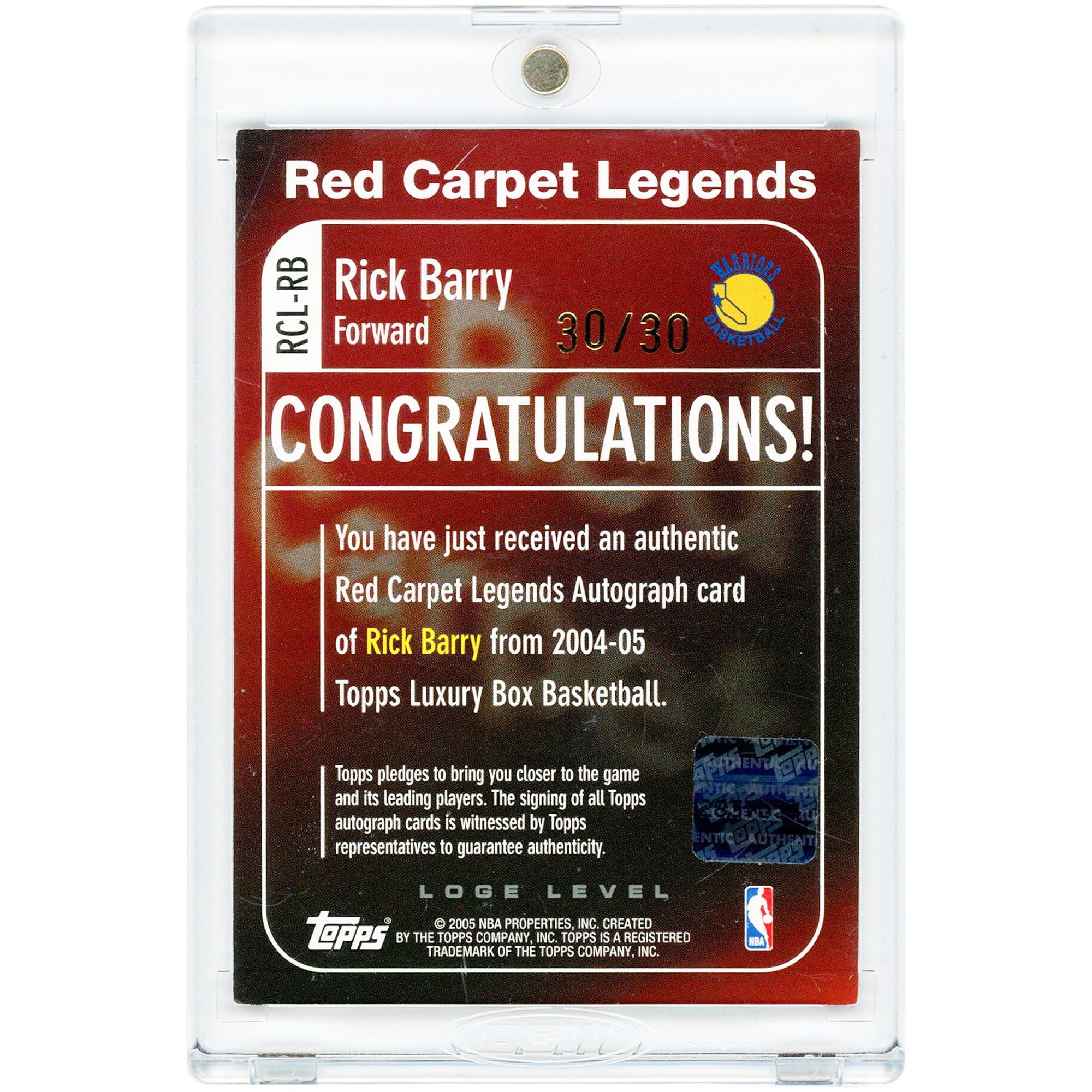 Rick Barry Golden State Warriors Autographed 2004-05 Topps Luxury Box Red Carpet Legends #RCL-RB #30/30 Card