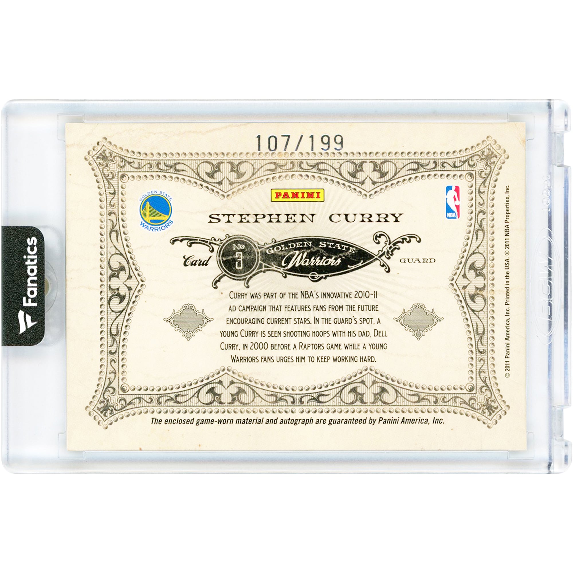 Carte Panini Gold Standard Gold Crowns 11 avec maillot porté en match, signée par Stephen Curry des Golden State Warriors (Relic #3 #107/199).