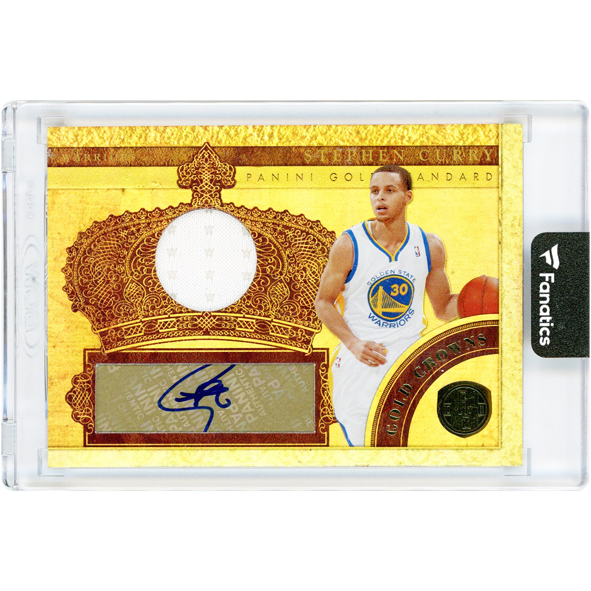 Carte Panini Gold Standard Gold Crowns 11 avec maillot porté en match, signée par Stephen Curry des Golden State Warriors (Relic #3 #107/199).